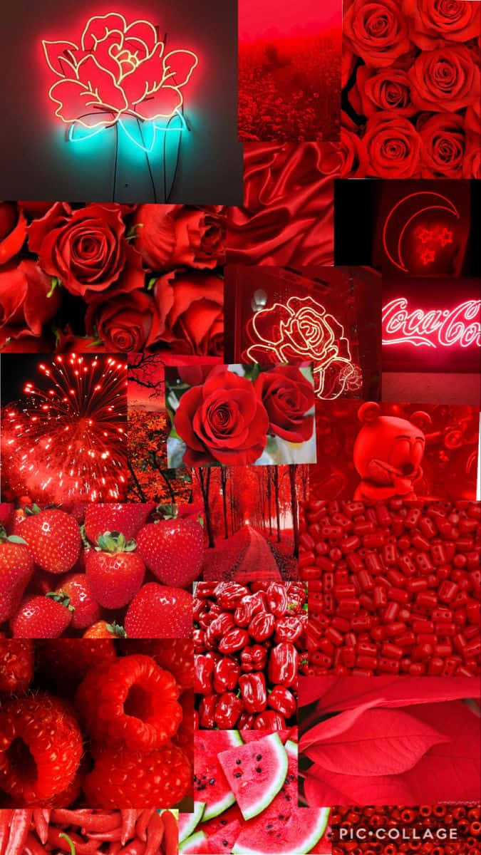 Red Cute Aesthetic 桌布 壁紙 — 以單色紅色美學為主題的鮮豔紅色拼貼畫，包含霓虹玫瑰、煙火、草莓和可口可樂。