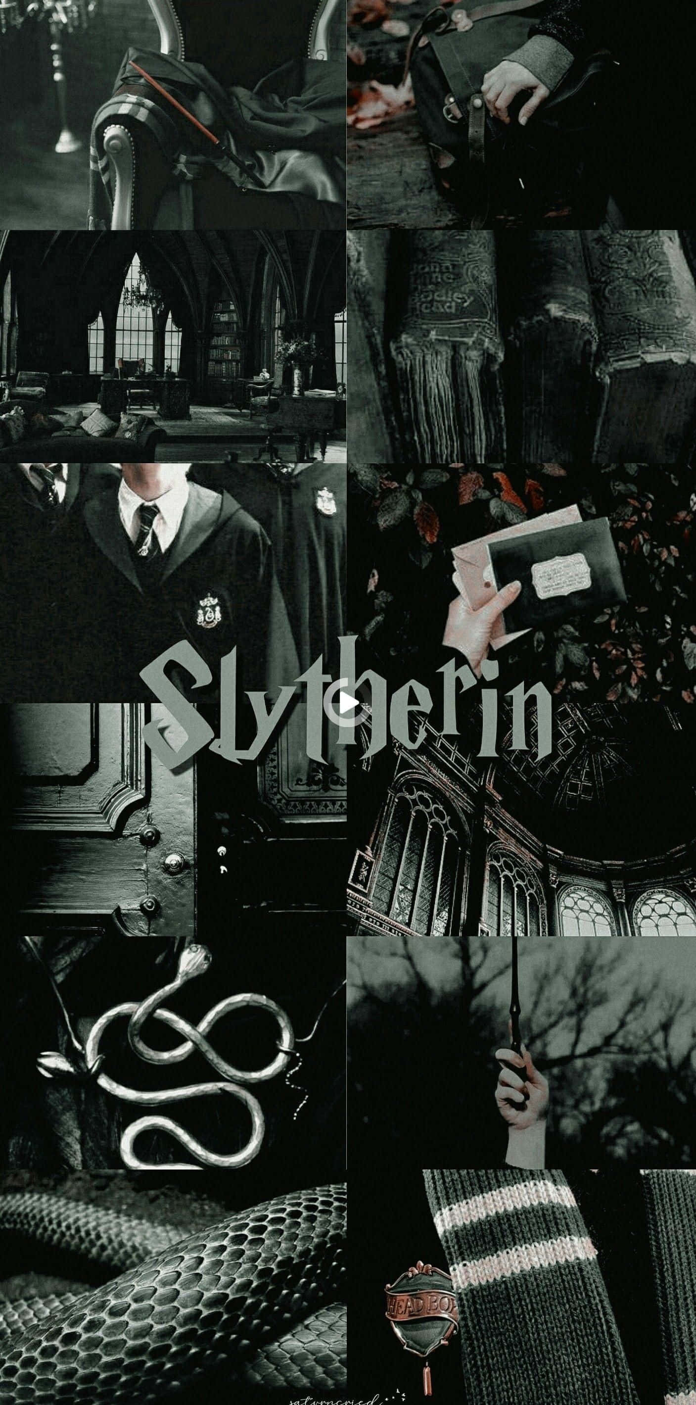 Cute Slytherin 桌布 壁紙 — 以單色調呈現的哈利波特史萊哲林學院符號暗色拼貼，包括蛇、長袍、魔杖和城堡內部。