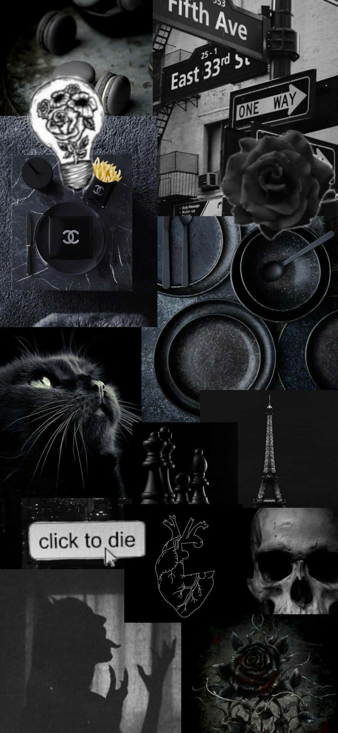 Goth Aesthetic Black 桌布 壁紙 — 以單色調呈現的都市路牌、骷髏頭、玫瑰和奢侈品組成的陰暗憂鬱拼貼畫。
