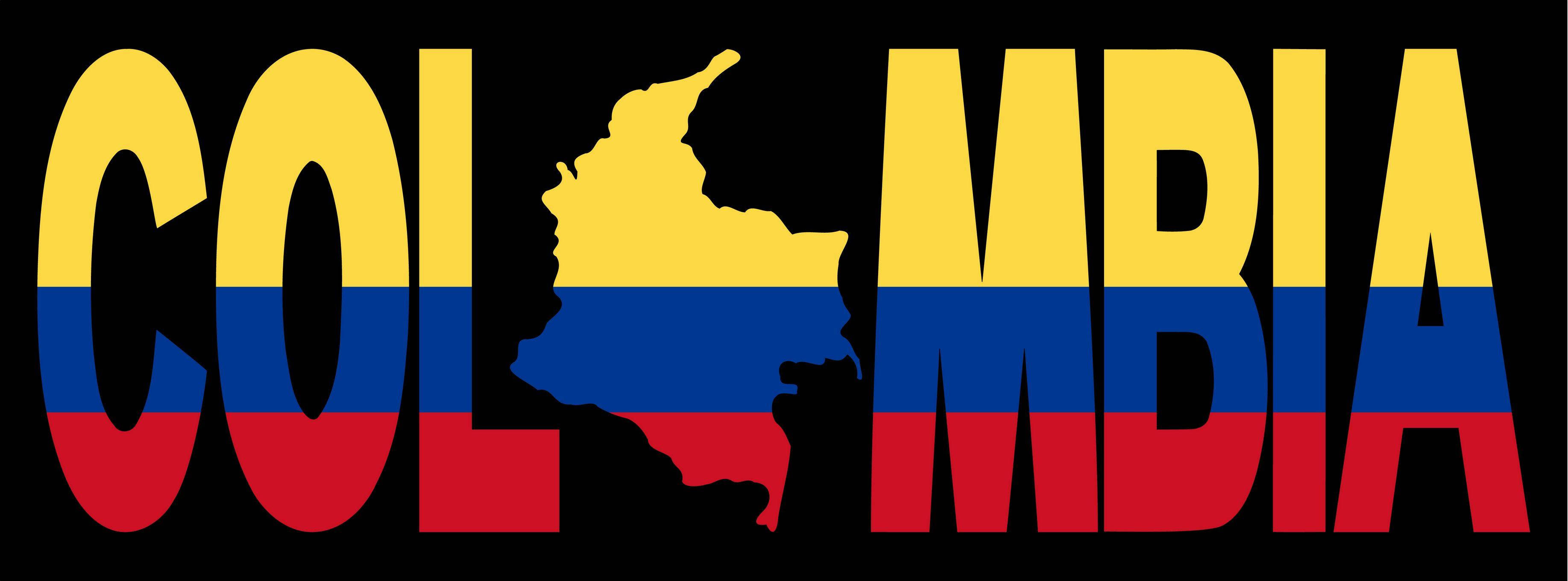 Colombia 桌布 壁紙 — 以國旗顏色呈現的粗體哥倫比亞文字，地圖剪影取代字母O。