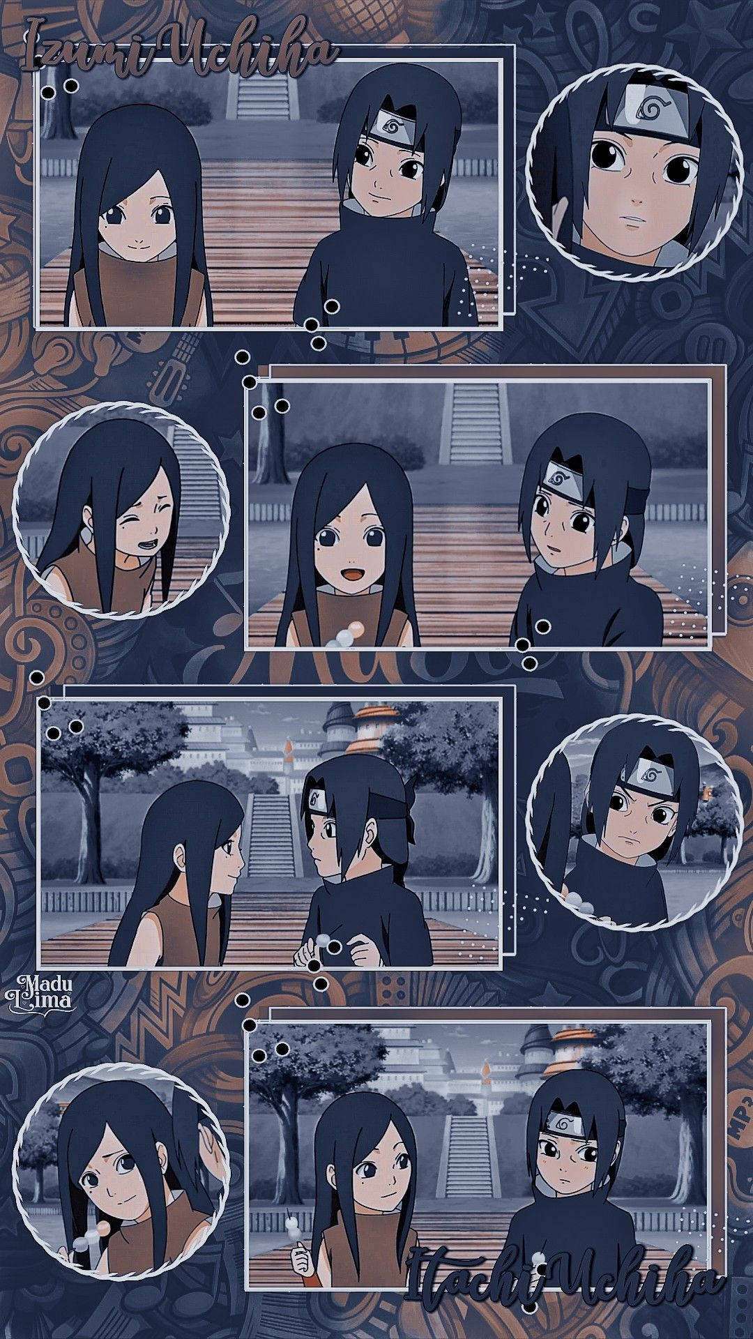 izumi uchiha 桌布 壁紙 — 以圖案背景襯托的單色框架中，佐助和小櫻的動漫壁紙拼貼。
