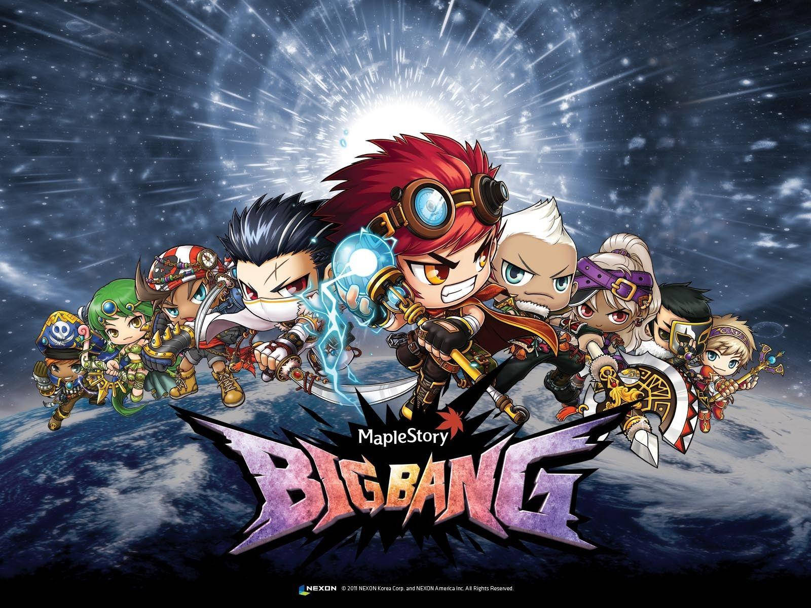 game 桌布 壁紙 — 以地球下方的宇宙為背景，背後有耀眼星爆的動態姿勢Q版遊戲角色。