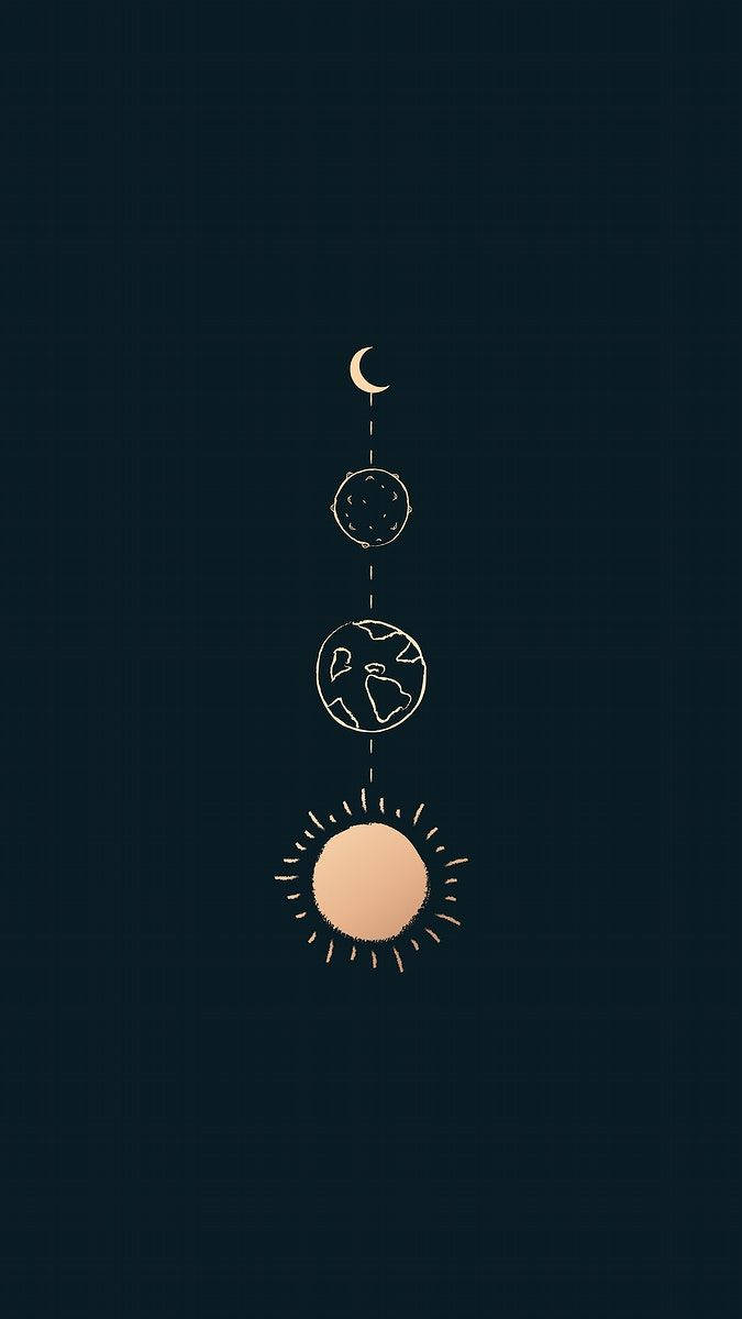 Cool Android 桌布 壁紙 — 以垂直排列的天體（太陽、月亮、地球和星星）的極簡線條畫，背景為深海軍藍。