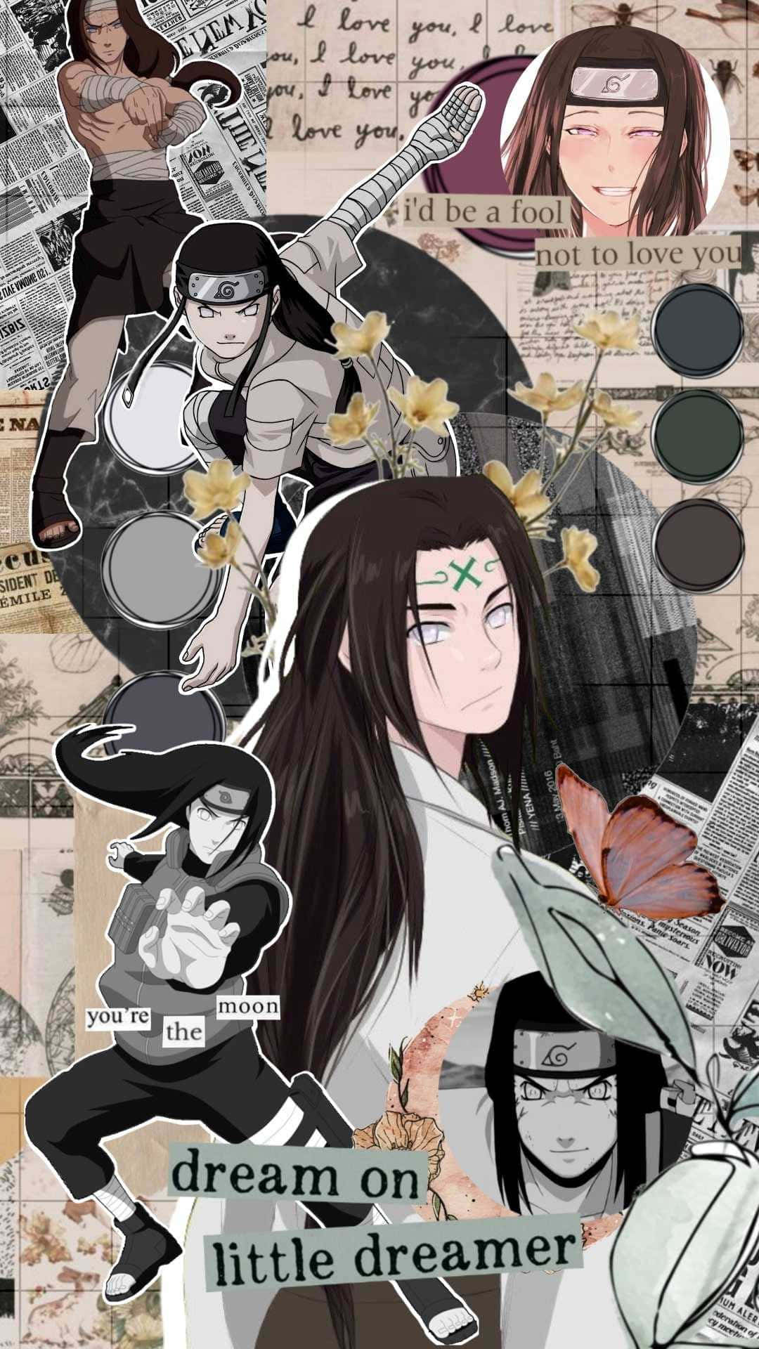 Anime Collage 桌布 壁紙 — 以報紙背景為襯底，結合花朵與手寫浪漫短語的《火影忍者》動漫角色拼貼畫。