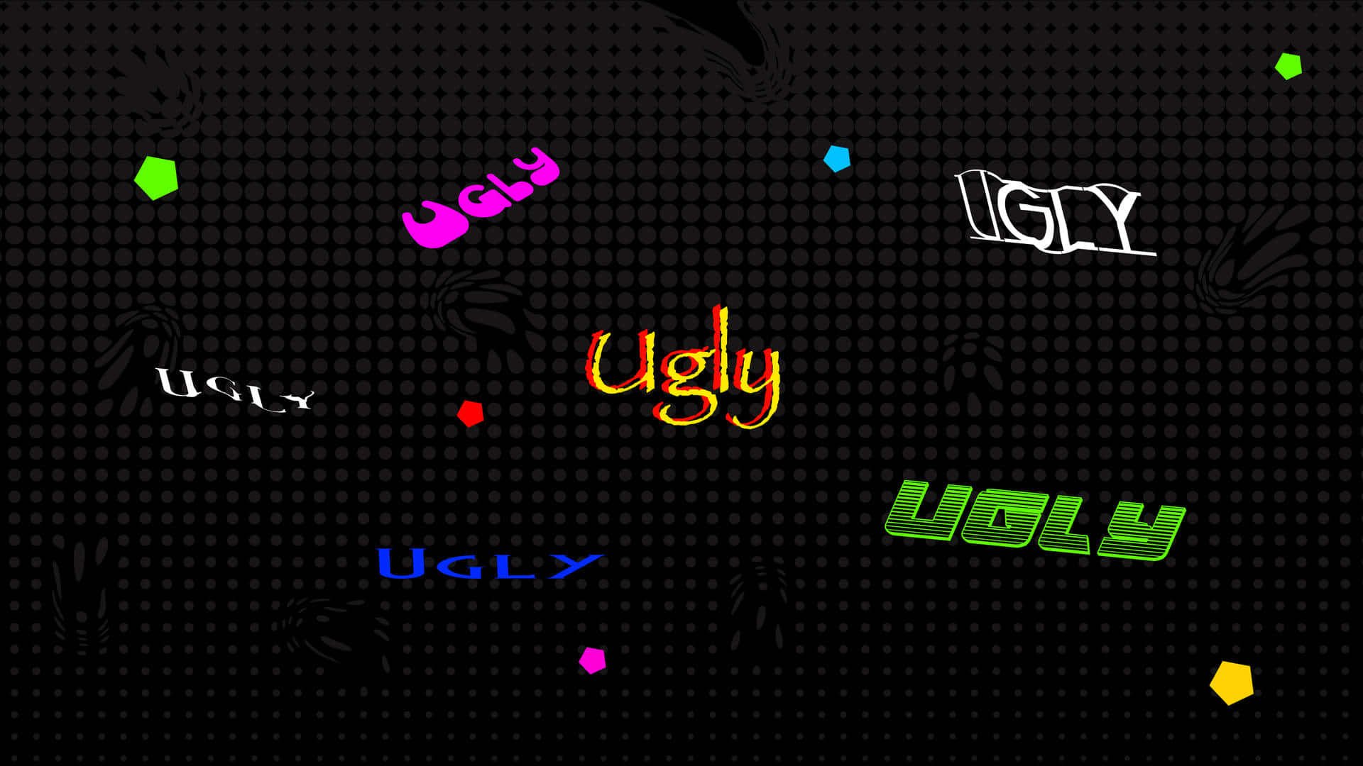 ugly 桌布 壁紙 — 以多種風格拼寫「ugly」的鮮豔霓虹文字漂浮在黑色點狀背景上，散落著色彩繽紛的幾何形狀。