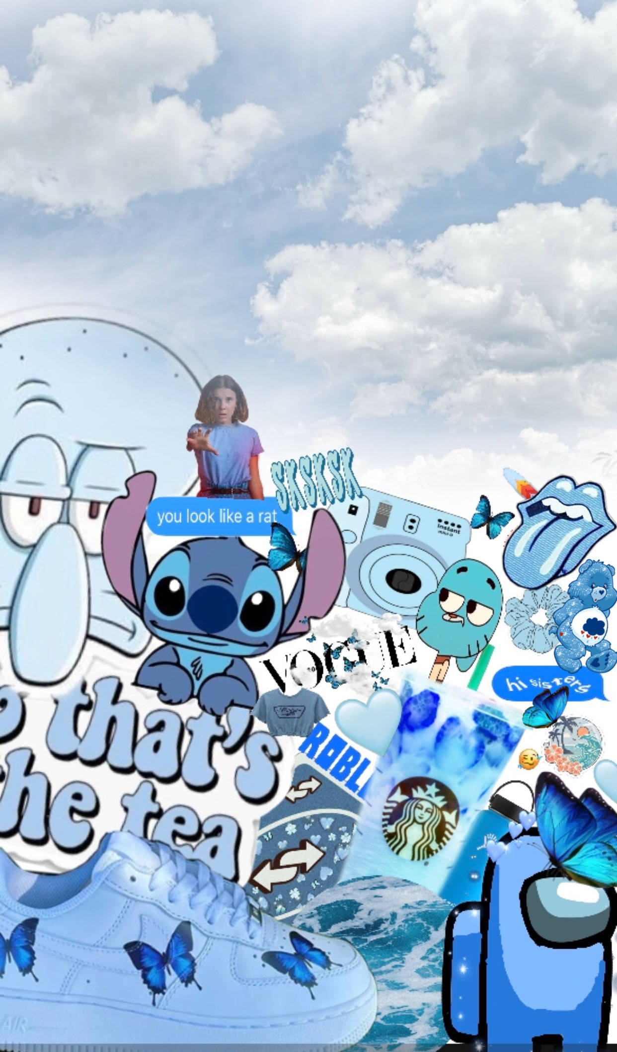 Cartoon 桌布 壁紙 — 以多雲天空為背景，充滿活力的藍色主題拼貼畫，包含流行文化圖標和塗鴉。