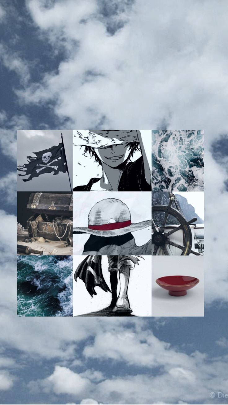 以多雲天空為背景，帶有船輪和寶箱的動畫海盜拼貼畫。 — 漫畫gif 壁紙