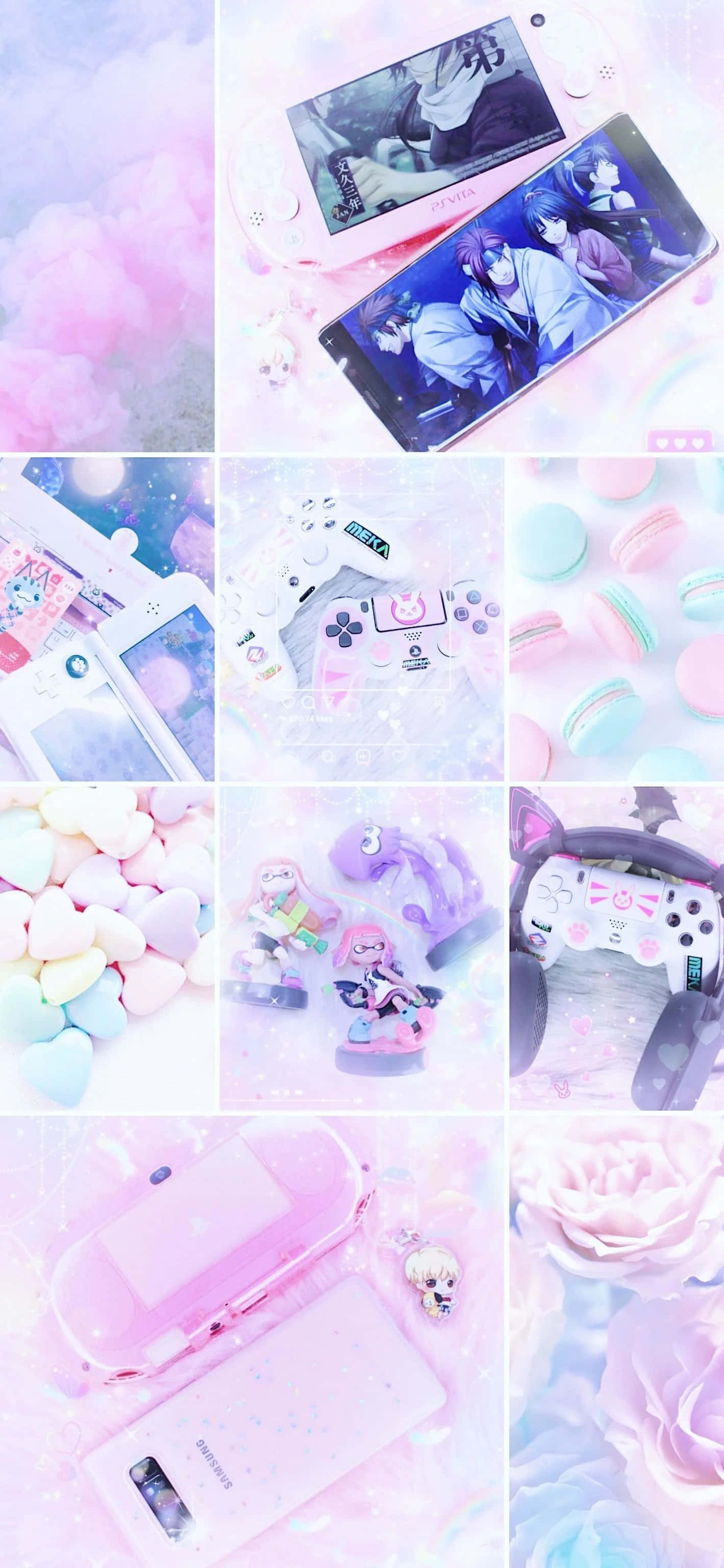 Kawaii Gaming 桌布 壁紙 — 以夢幻美學呈現的粉彩粉紅與藍色拼貼，包含遊戲主機、動漫角色和甜點。