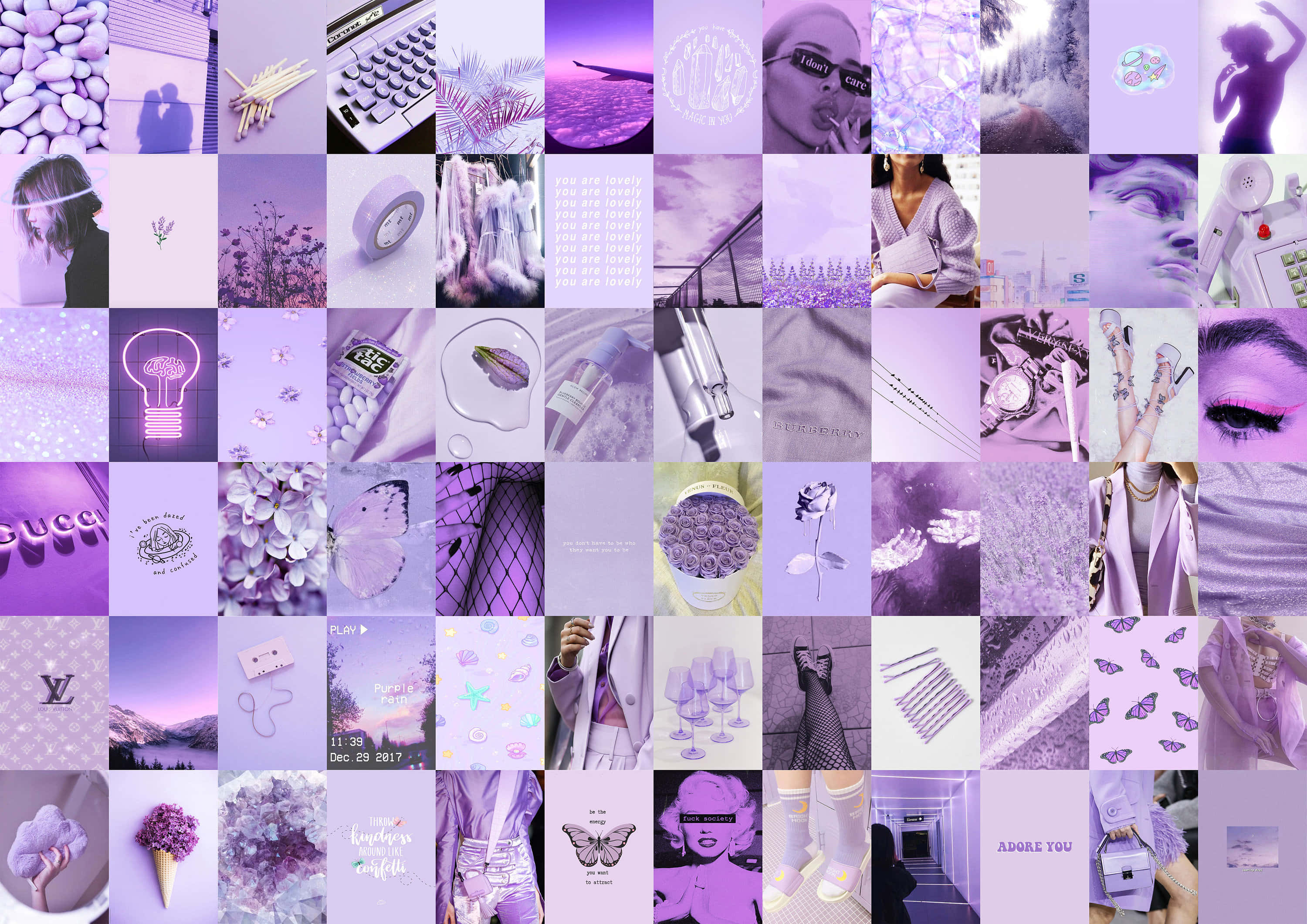 Purple Aesthetic Collage 桌布 壁紙 — 以夢幻美學呈現的紫色主題拼貼畫，包含時尚配件、自然元素和復古物品。
