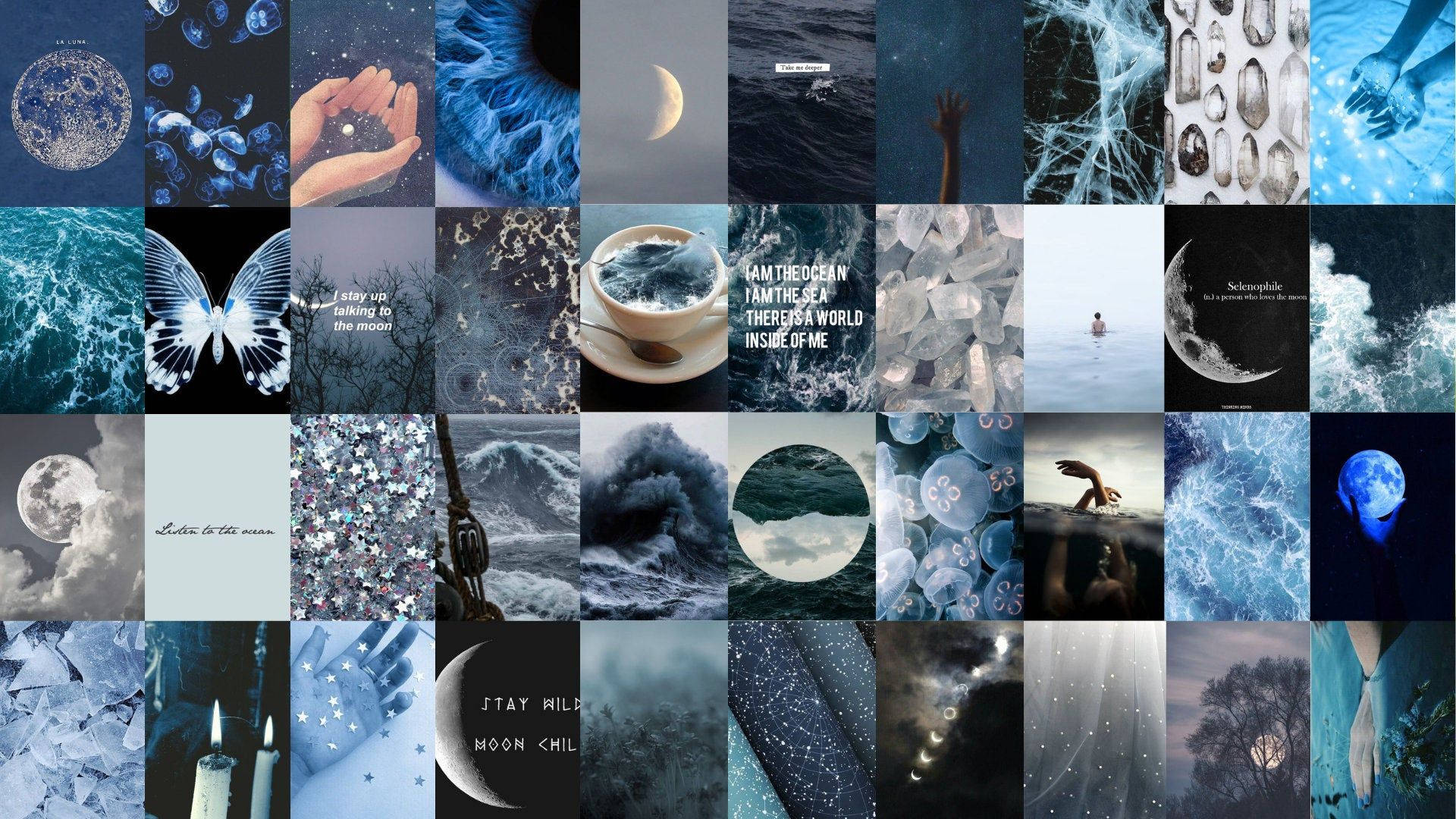 Cancer Aesthetic 桌布 壁紙 — 以夢幻藍色調桌布組成的拼貼畫，包含月相、海浪、水母、手部和天體圖案。