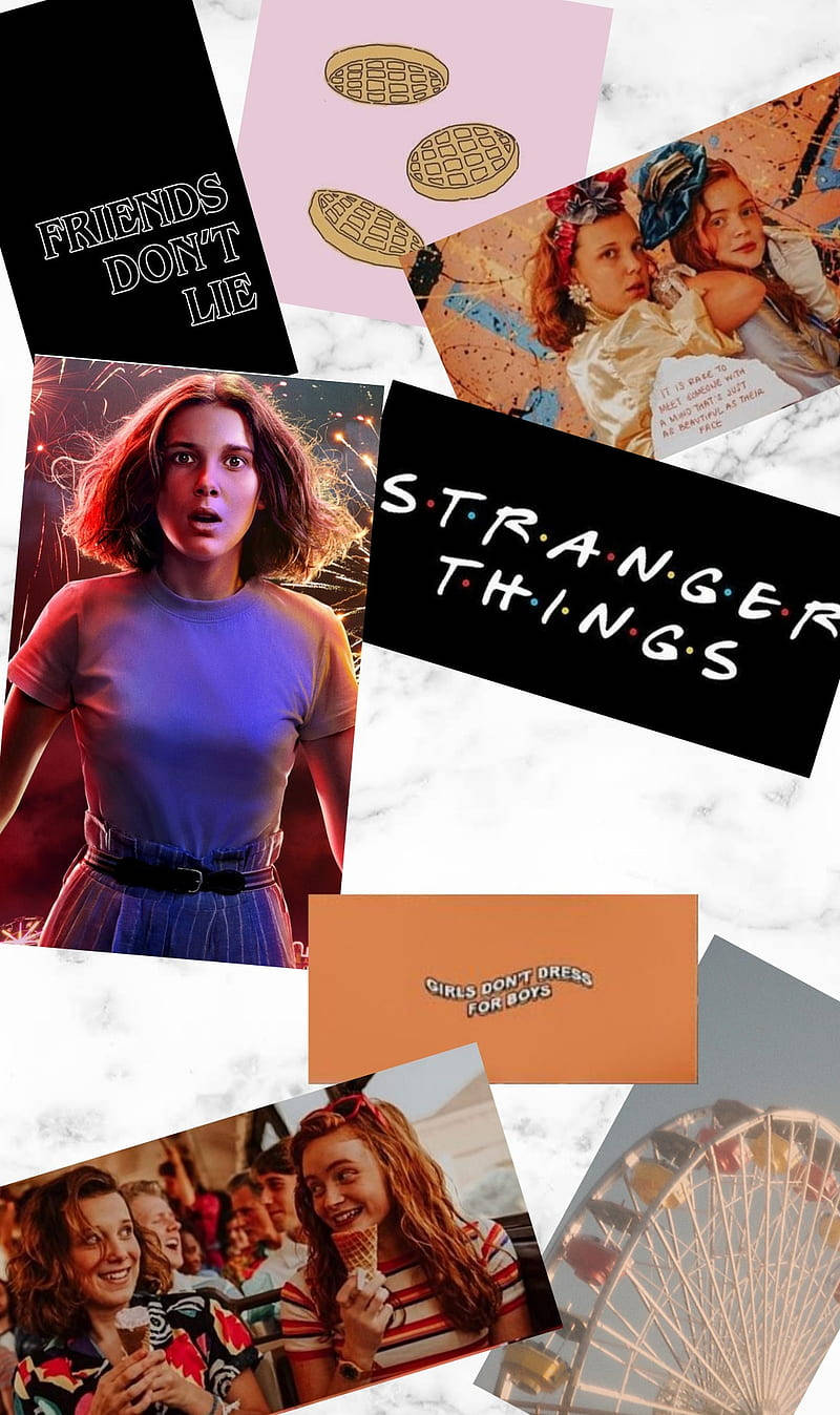 Stranger Things Aesthetic 桌布 壁紙 — 以大理石背景為襯托的Stranger Things主題照片及語錄拼貼。