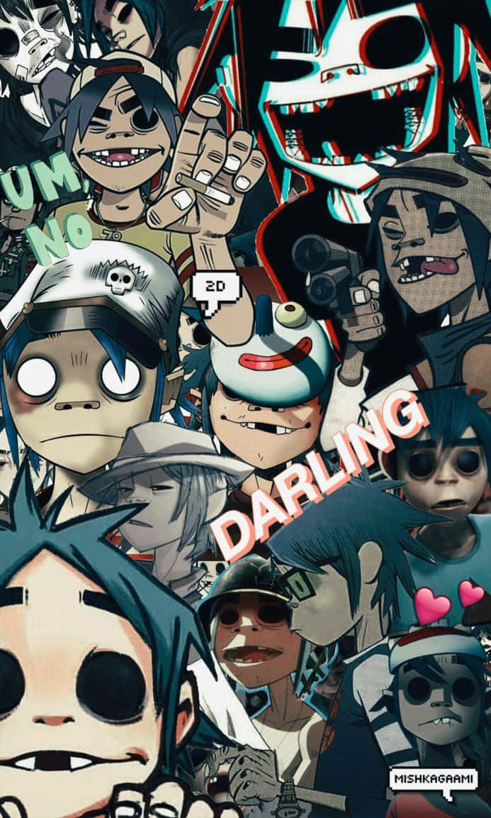 band 桌布 壁紙 — 以大膽漫畫風格呈現的 Gorillaz 動畫角色混亂拼貼，帶有故障效果和鮮豔色彩。