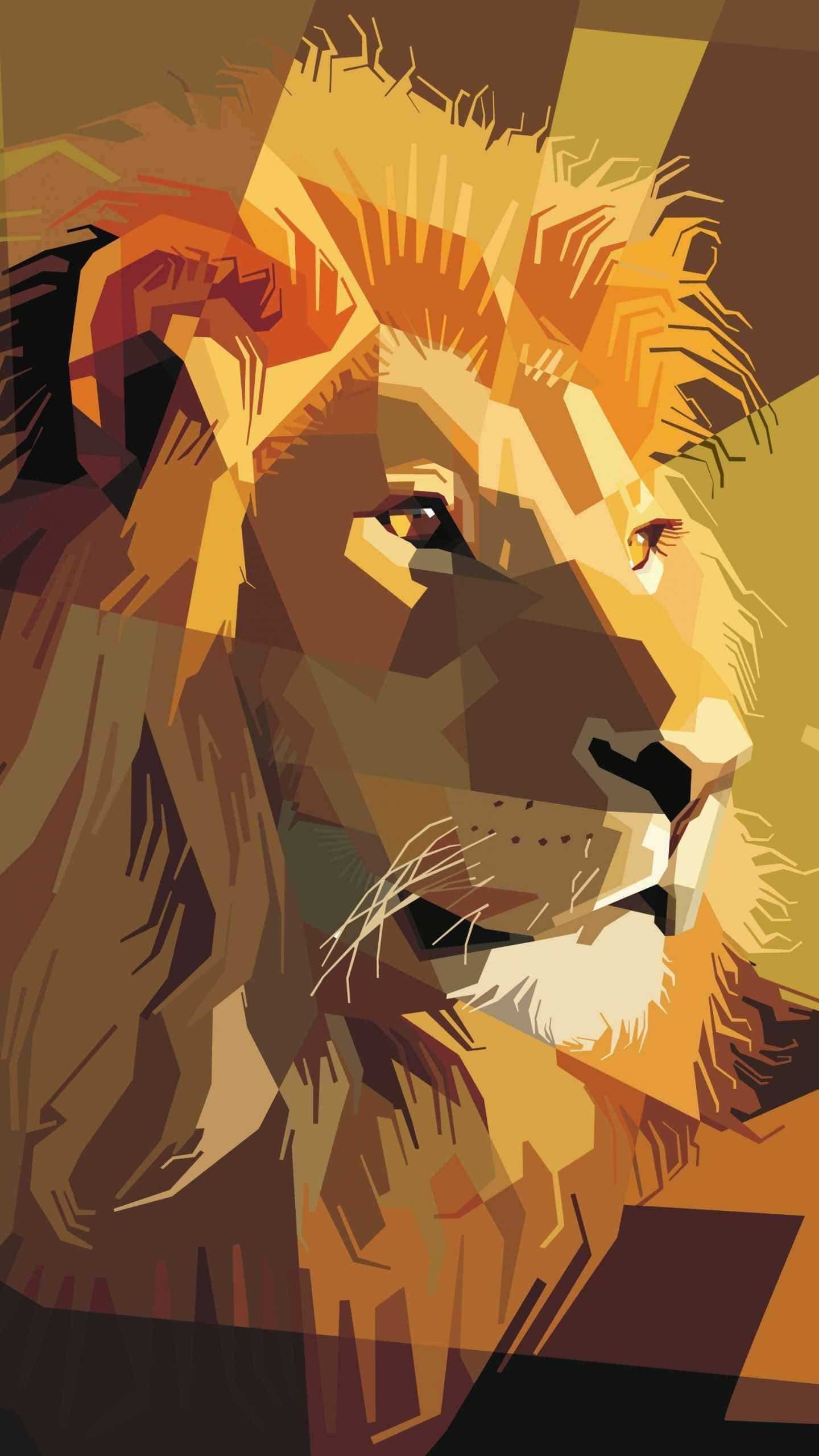 Leo Aesthetic 桌布 壁紙 — 以大膽的幾何形狀和溫暖的金色和棕色色調呈現的雄偉獅子面孔。