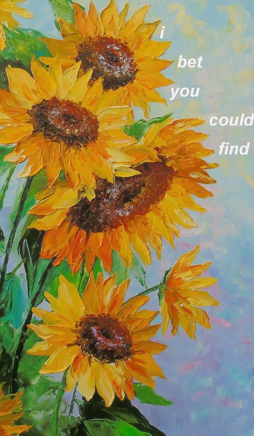 Sunflower Aesthetic iPhone 桌布 壁紙 — 以大膽筆觸繪製的鮮豔向日葵，帶有紋理花瓣和綠葉，背景是柔和的藍天。