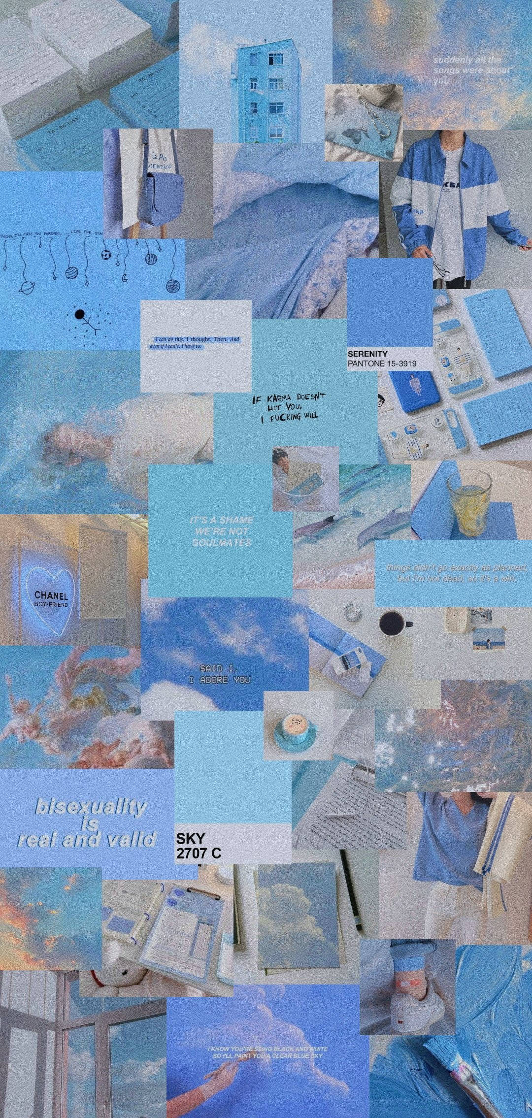 dreamy 桌布 壁紙 — 以天空雲朵、筆記本、時尚物品和手寫肯定句組成的寧靜藍色主題拼貼，呈現夢幻美學。