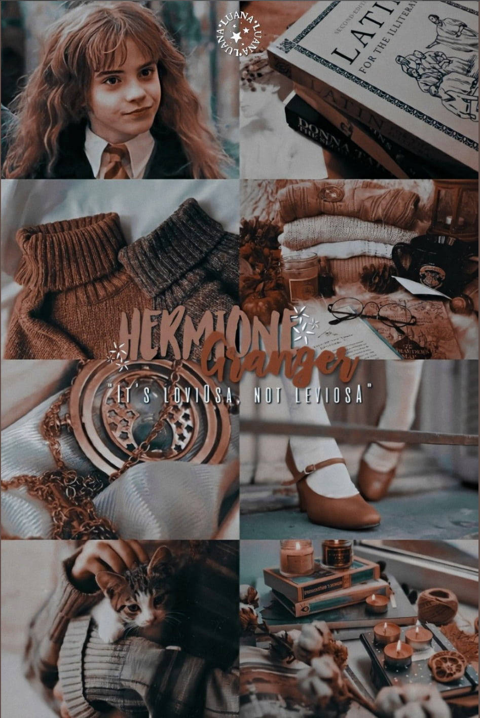 Hermione Granger 桌布 壁紙 — 以妙麗·格蘭傑、書籍、針織品、貓咪和溫暖燭光為特色的舒適秋季拼貼畫，採用大地色調。