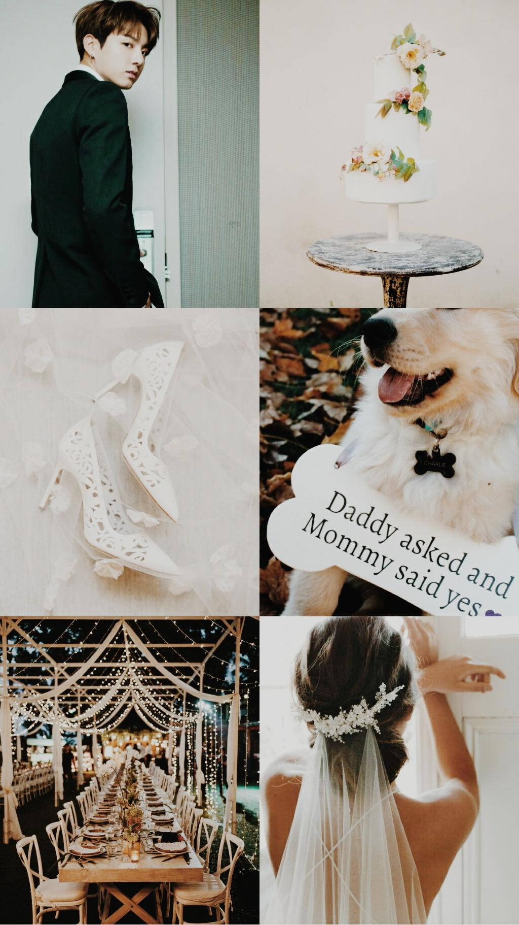 Jungkook Aesthetic 桌布 壁紙 — 以婚禮為主題的時刻拼貼，包括新郎、蛋糕、鞋子、狗、婚宴和戴著花卉頭飾的新娘。