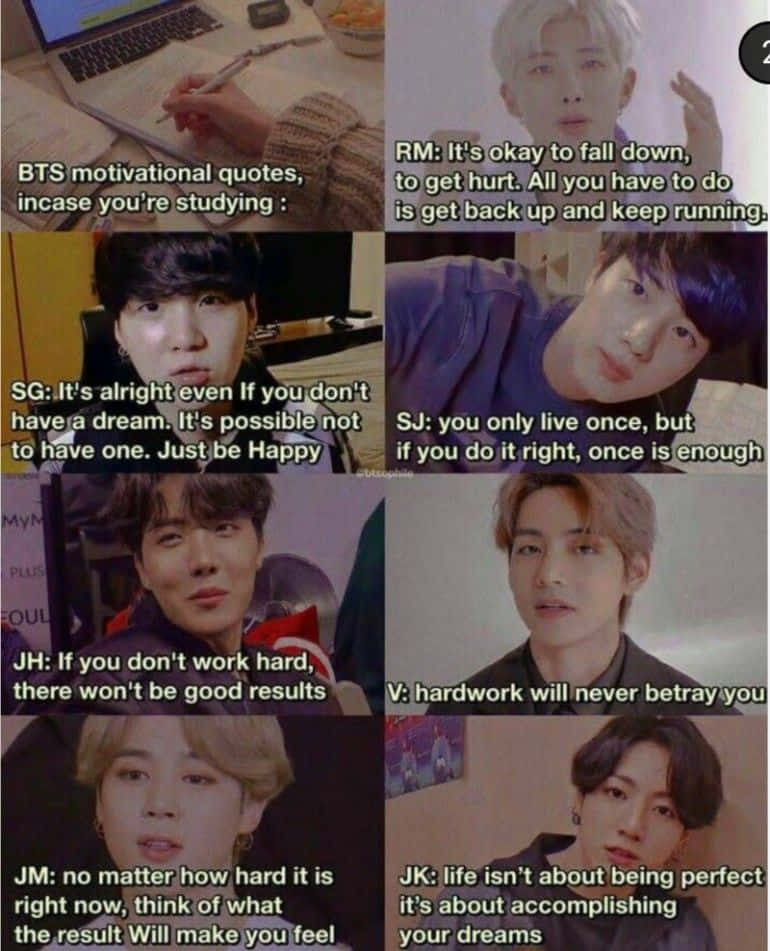 Bts Inspirational 桌布 壁紙 — 以學習為主題的佈局中，BTS 成員臉上覆蓋著勵志語錄的拼貼畫。