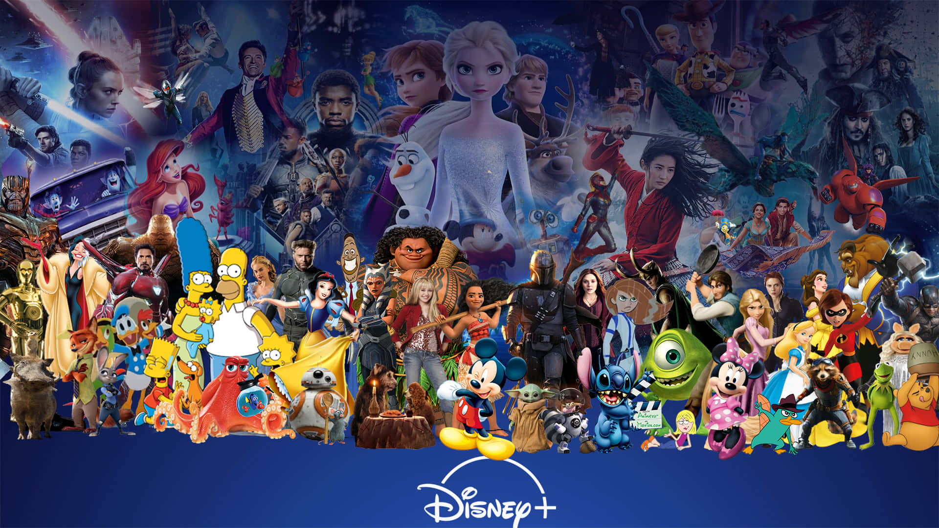Disney Plus 桌布 壁紙 — 以宇宙為背景，來自動畫電影和節目的標誌性Disney+角色的充滿活力的拼貼畫。