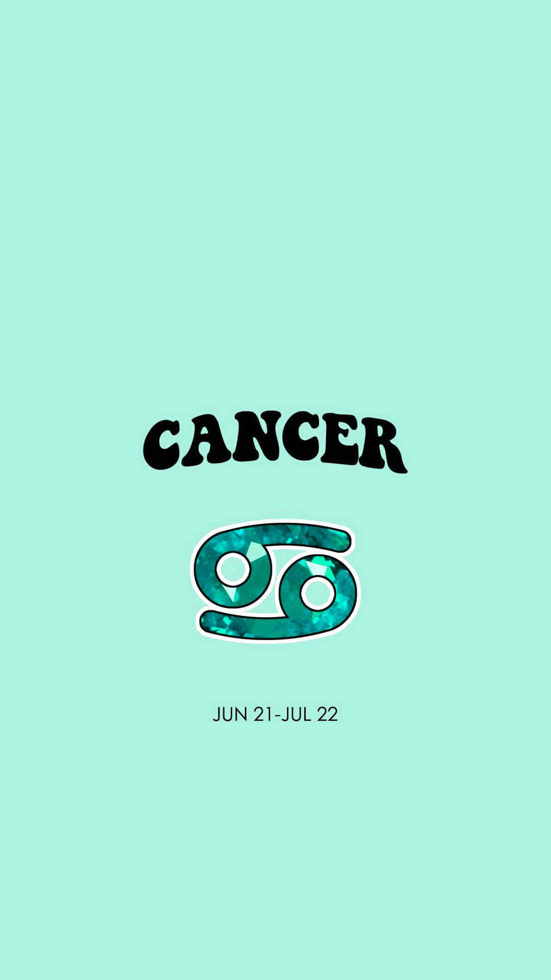 Cancer Zodiac 桌布 壁紙 — 以寶石質感為中心的巨蟹座星座符號，置於薄荷綠色背景上，下方顯示日期範圍。