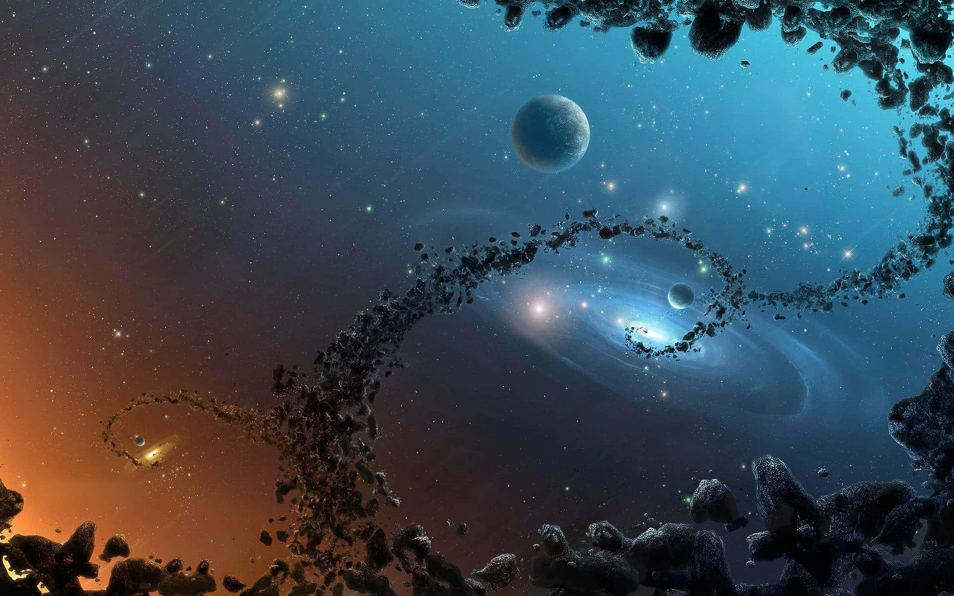 酷炫太空 桌布 壁紙 — 以小行星帶框住的宇宙景觀，展示出在漸變天空背景下閃耀的螺旋星系和遙遠行星。