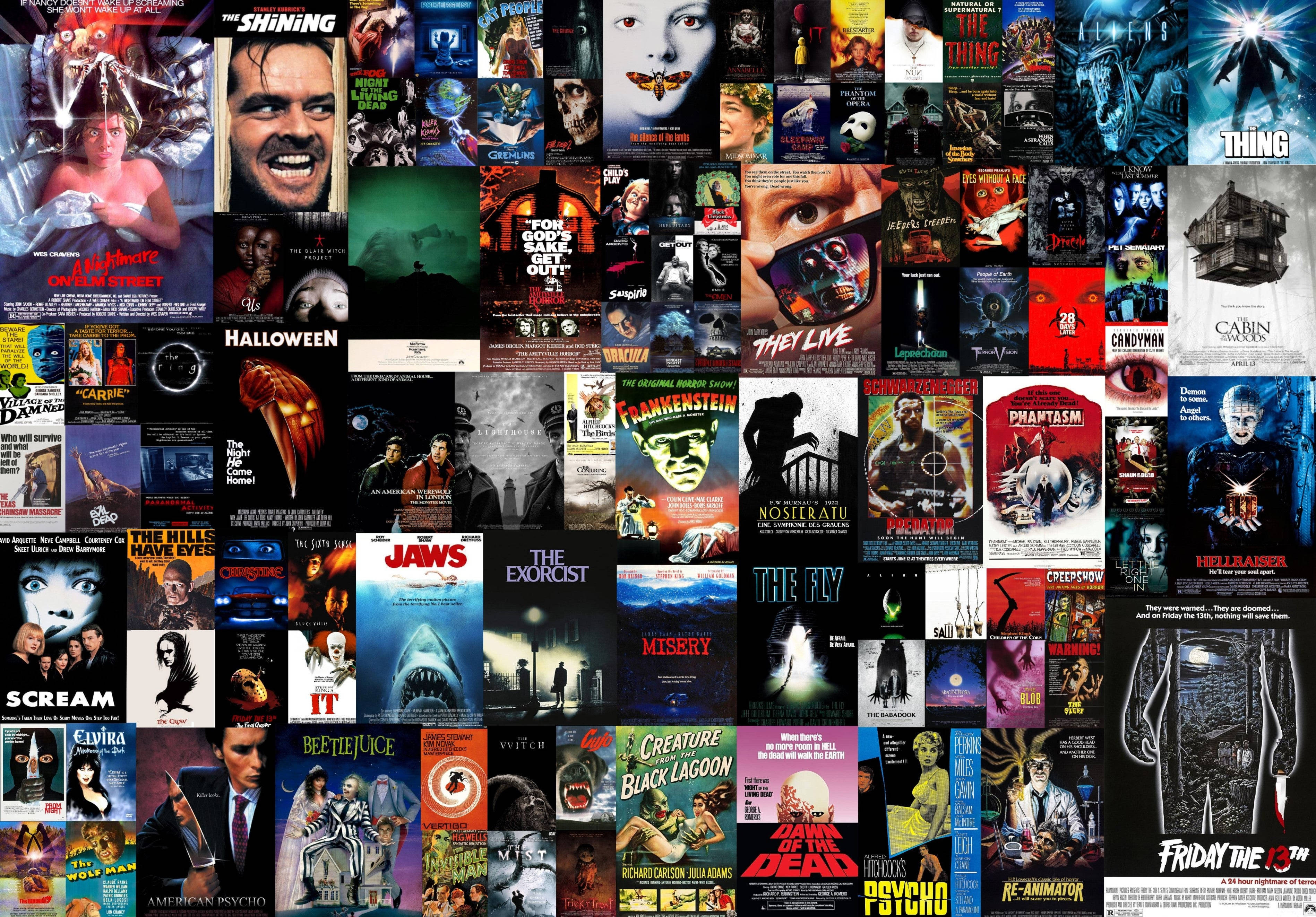 Horror Movie Collage 桌布 壁紙 — 以尖叫面孔、怪物和陰暗色調中的詭異圖像為特色的經典恐怖電影海報拼貼畫。