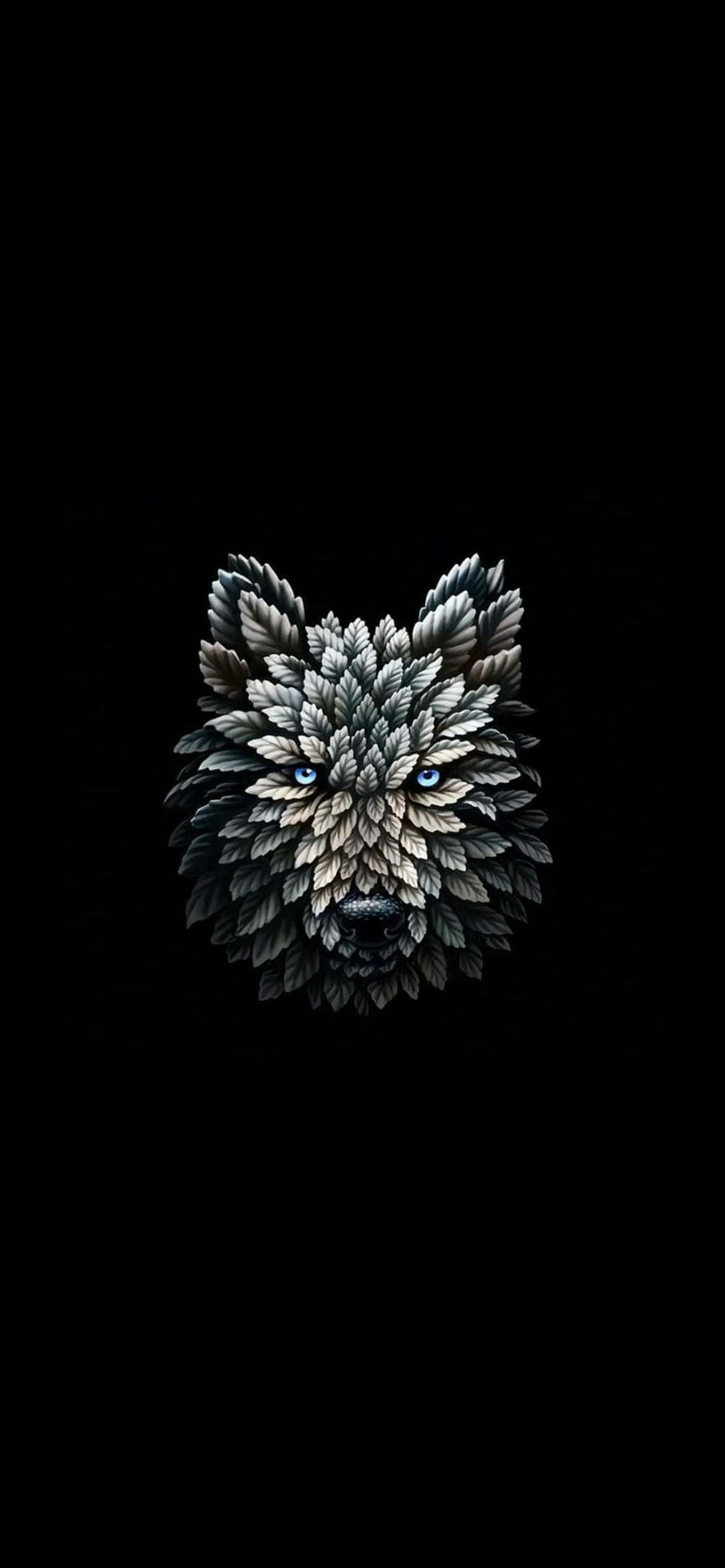 樹葉製成的狼頭，藍色發光眼睛，黑色背景 — iPhone 14 壁紙