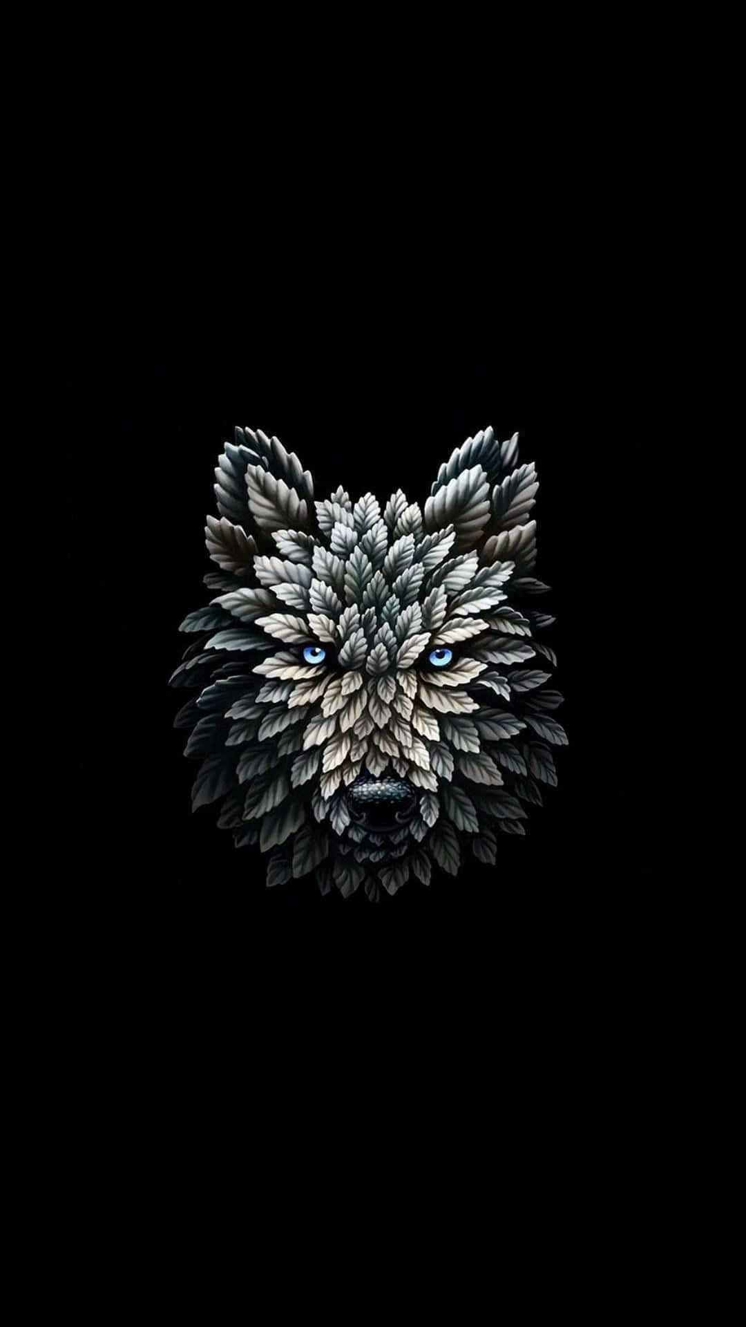 Bear Head 桌布 壁紙 — 以層疊灰色葉片製成的狼臉，銳利的藍色眼睛在純黑背景上格外突出。
