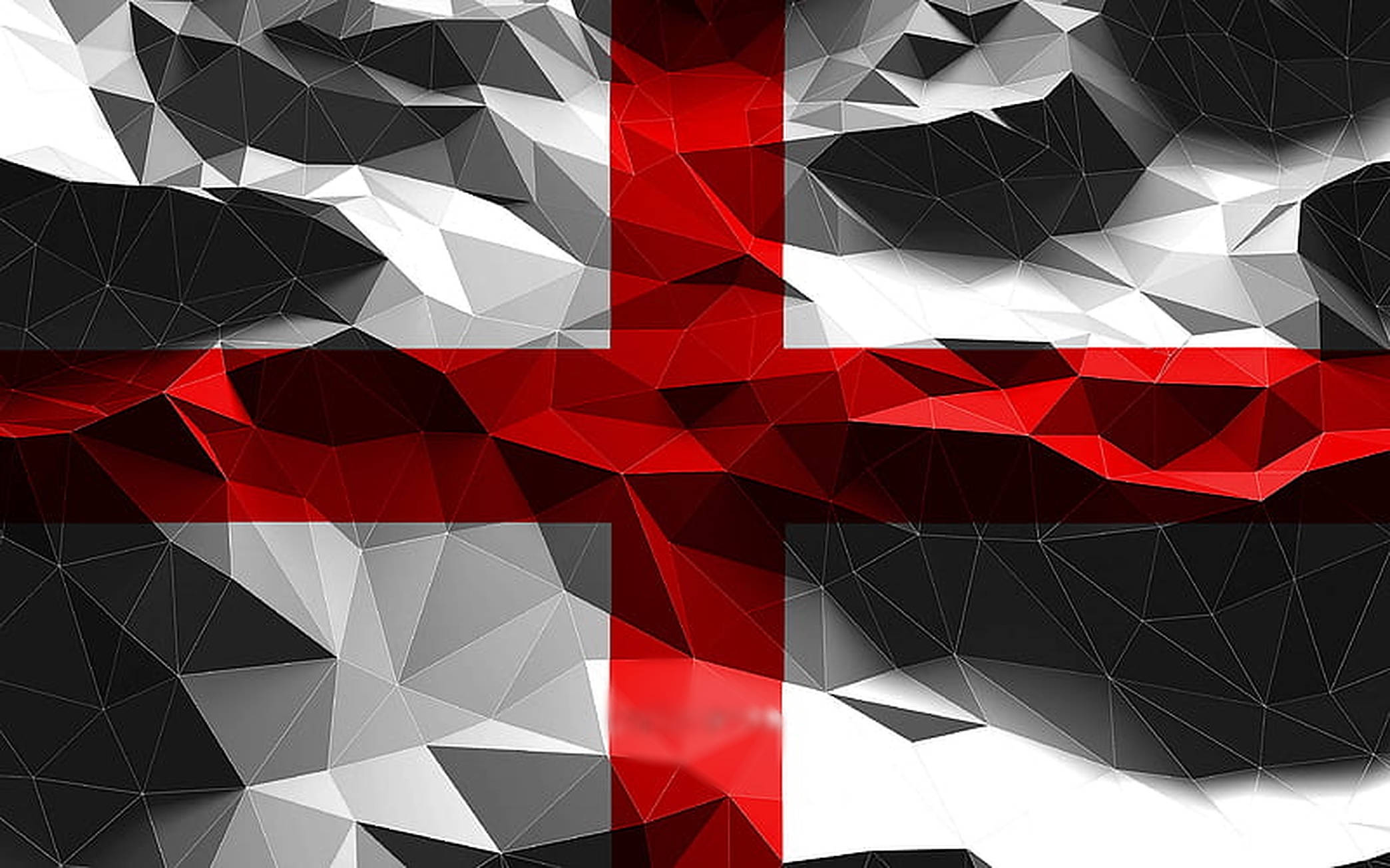 England Flag 桌布 壁紙 — 以幾何低多邊形呈現的英格蘭國旗，在黑白背景上帶有醒目的紅色十字。