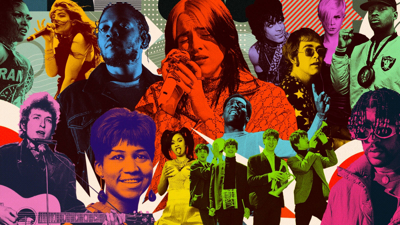 音樂 桌布 壁紙 — 以幾何背景襯托，色彩大膽飽和的標誌性音樂家的活力普普藝術拼貼。