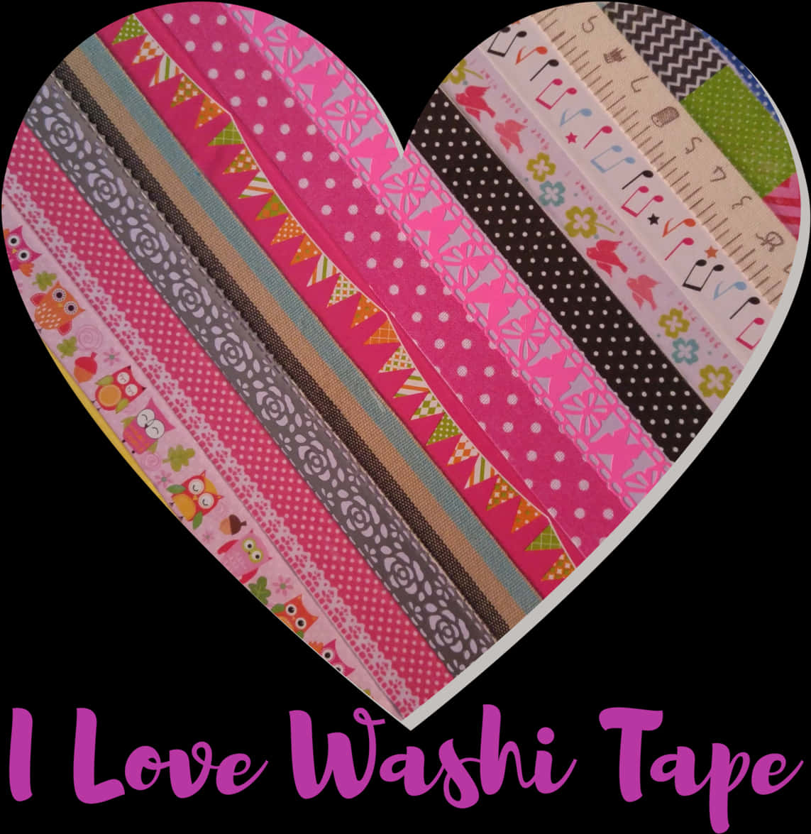 Washi Tape 桌布 壁紙 — 以彩色和紙膠帶條拼成的心形拼貼，圖案包括貓頭鷹、圓點和尺子，背景為黑色。