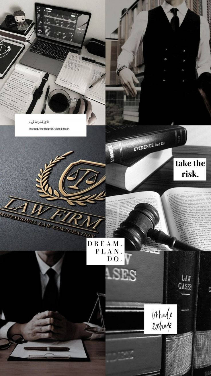 Lawyer 桌布 壁紙 — 以律師、書籍、法槌和勵志語句為主題的單色法律主題拼貼，呈現專業氛圍。