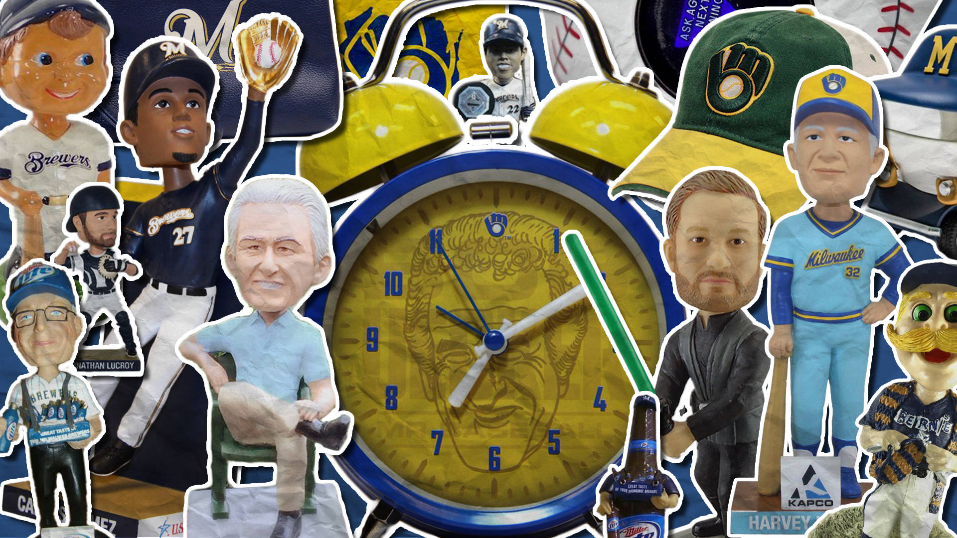 Brewers 桌布 壁紙 — 以復古鬧鐘為中心的密爾瓦基釀酒人搖頭娃娃和紀念品的鮮豔拼貼畫。