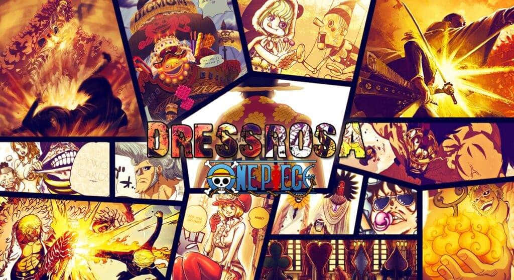 Dressrosa 桌布 壁紙 — 以德雷斯羅薩為背景的《航海王》角色動作與表情豐富場景的鮮豔動漫拼貼畫。