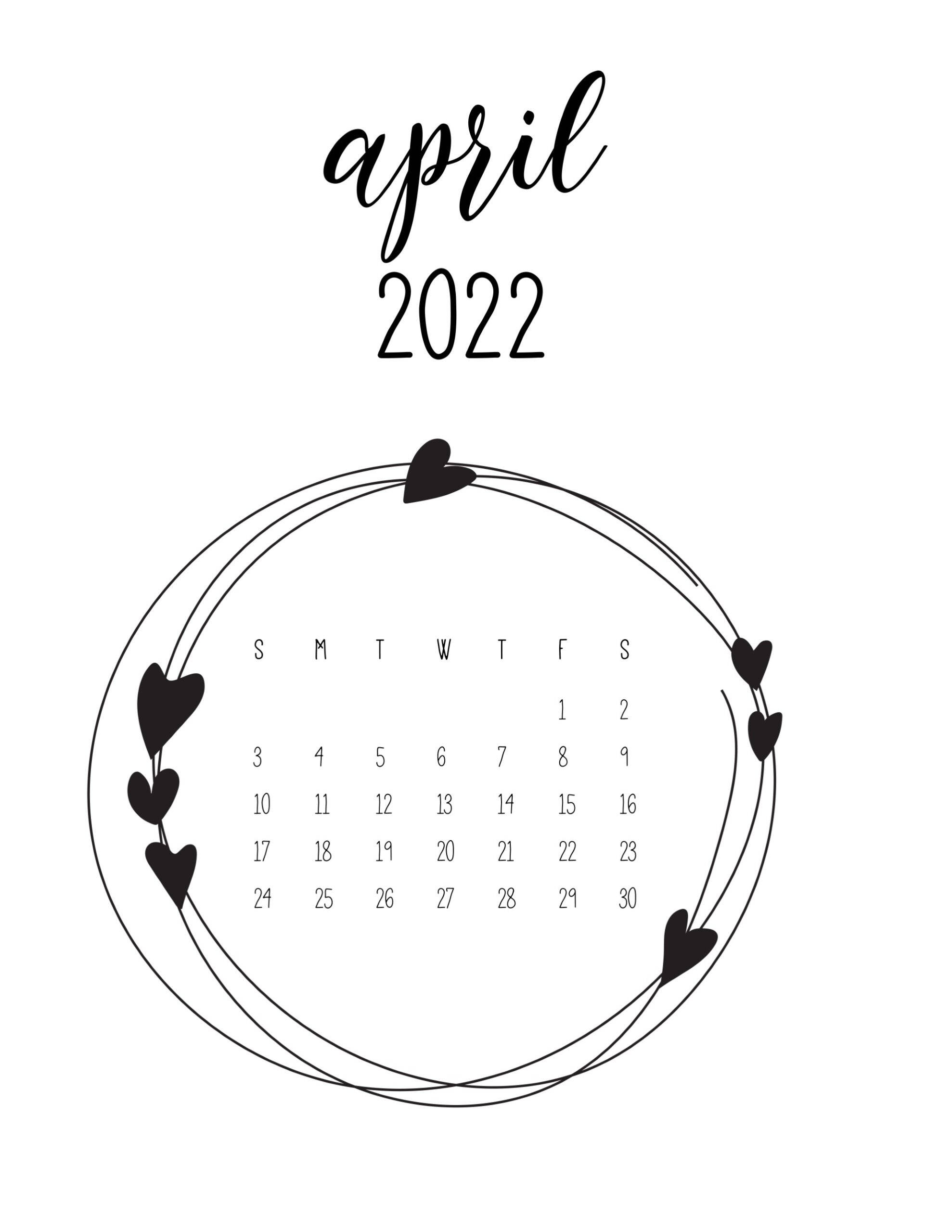 April 桌布 壁紙 — 以心形圓環框住的簡約黑白2022年4月月曆。