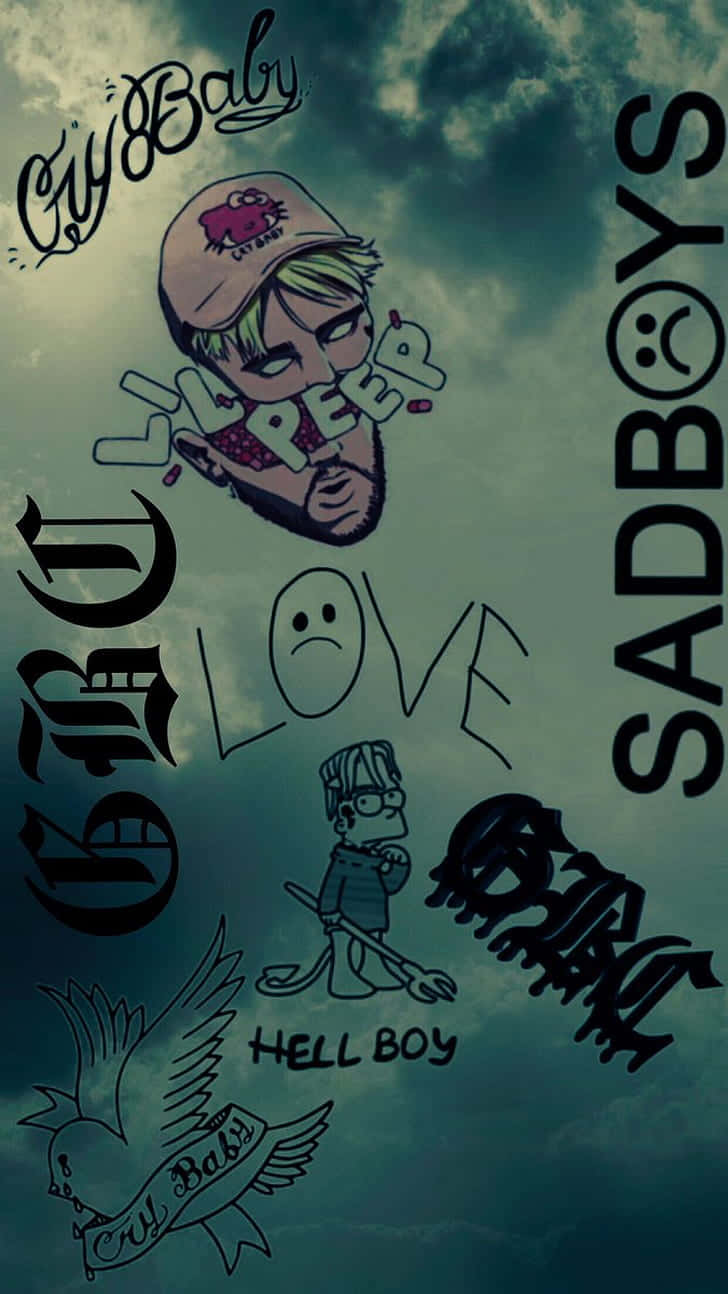 lil peep 動態圖 桌布 壁紙 — 以憂鬱的青綠色天空為背景，風格化的卡通拼貼畫，包含流行文化圖標和塗鴉標籤。