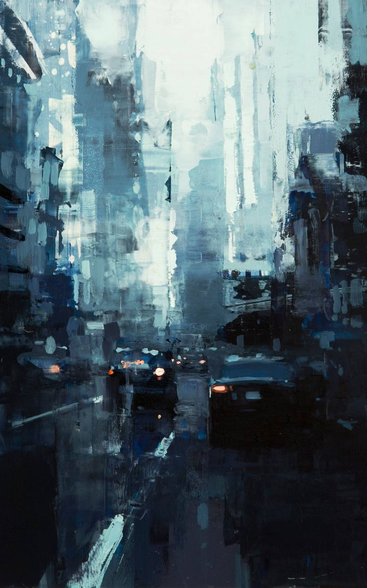 夜晚雨街的抽象畫，帶有模糊的車燈。 — 4K Android 壁紙