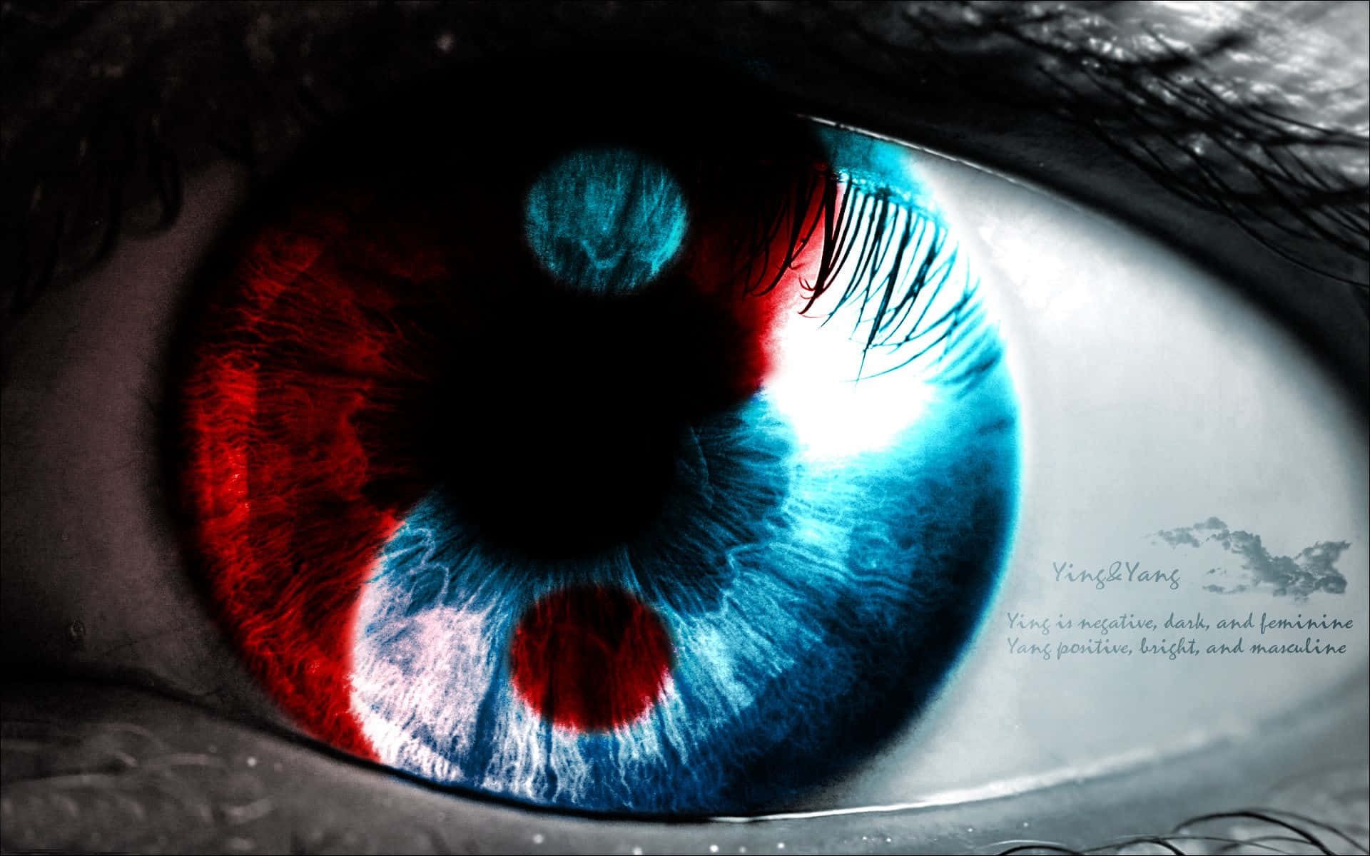 Yin Yang 4K 桌布 壁紙 — 以戲劇性燈光將人類眼睛分成紅色陰和藍色陽兩半的超現實特寫。