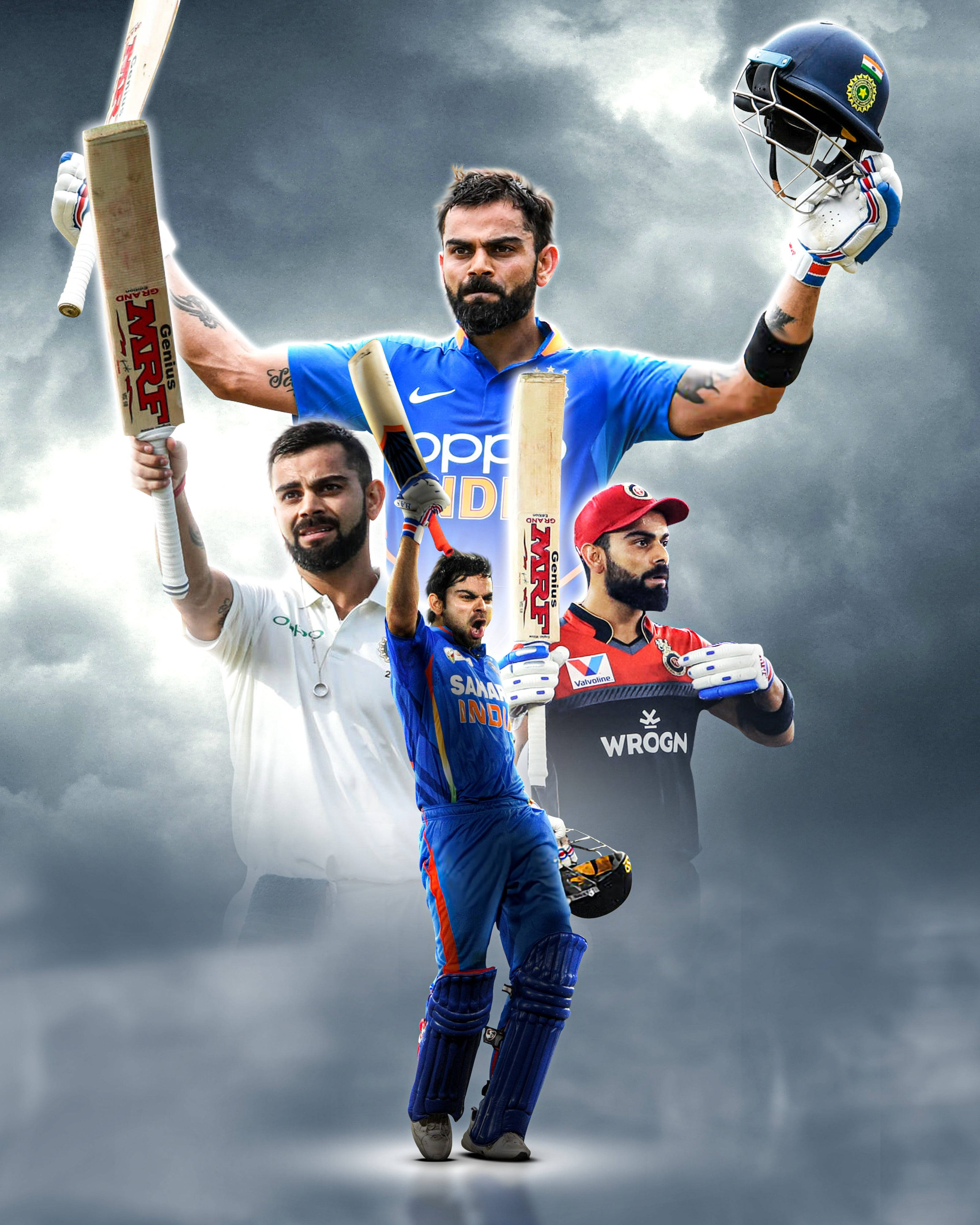 運動 桌布 壁紙 — 以戲劇性的暴風雨天空為背景，板球運動員 Virat Kohli 各種標誌性姿勢和製服的動態拼貼畫。