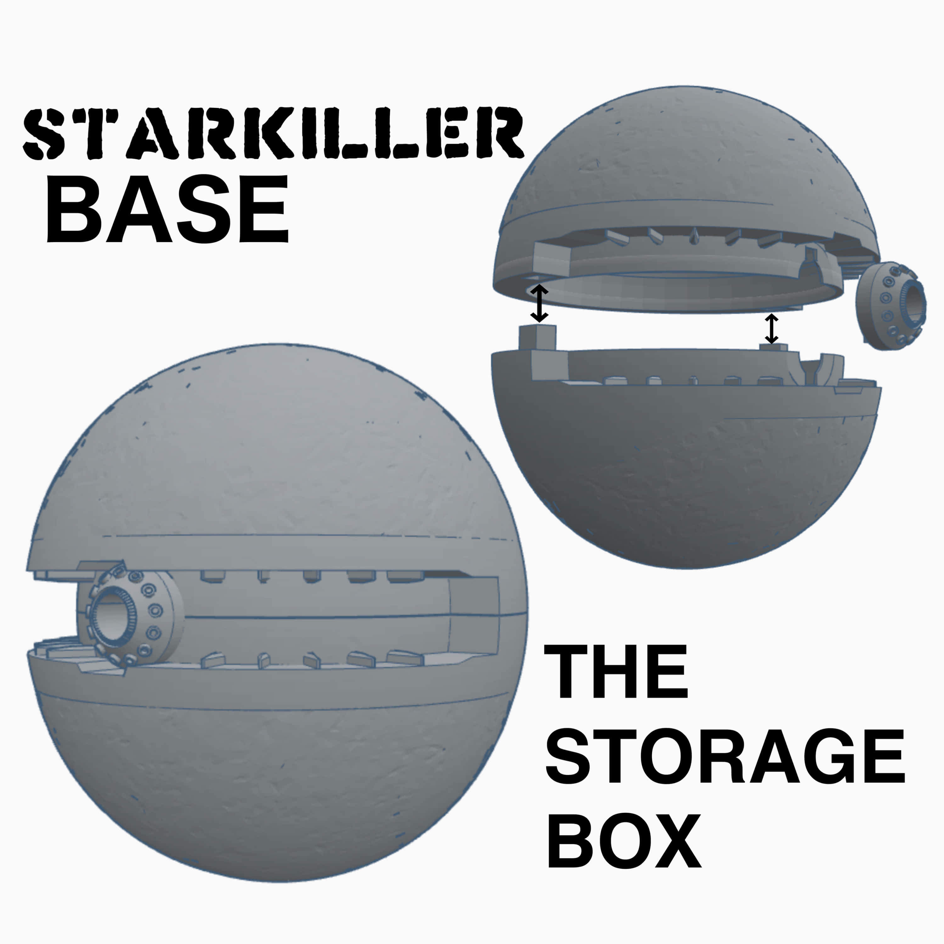 Starkiller Base 桌布 壁紙 — 以技術藍圖風格3D渲染的斯塔基勒基地儲物盒，以分解圖顯示並帶有標籤部件。
