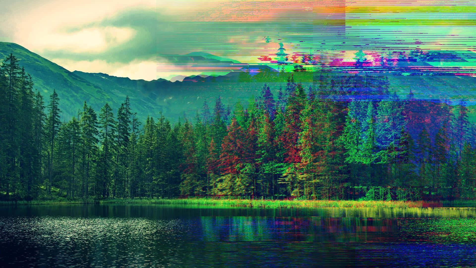 Glitch Effect 桌布 壁紙 — 以故障藝術扭曲的山湖場景，帶有鮮豔的數位噪點覆蓋在常綠樹木和反射水面上。