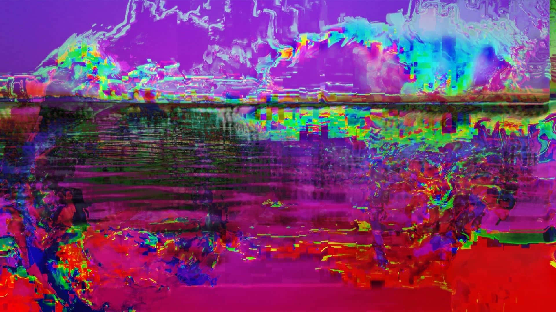 Glitch Effect 桌布 壁紙 — 以故障藝術扭曲的風景，在超現實的天空下，鮮豔的霓虹色彩倒映在水中。