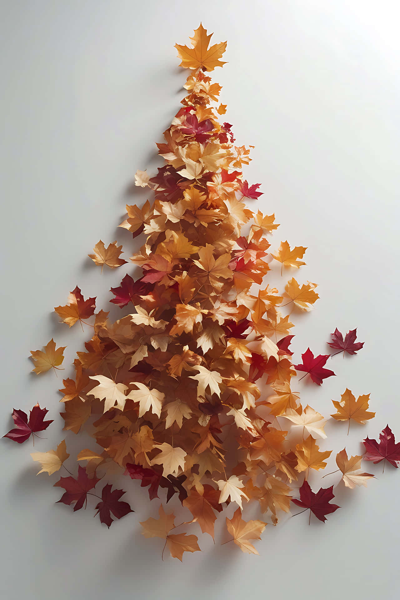 Autumn leaf tree decoration 壁紙 — 以散落的楓葉在溫暖的秋色調中，在純白牆壁上塑造出節日樹的形狀。