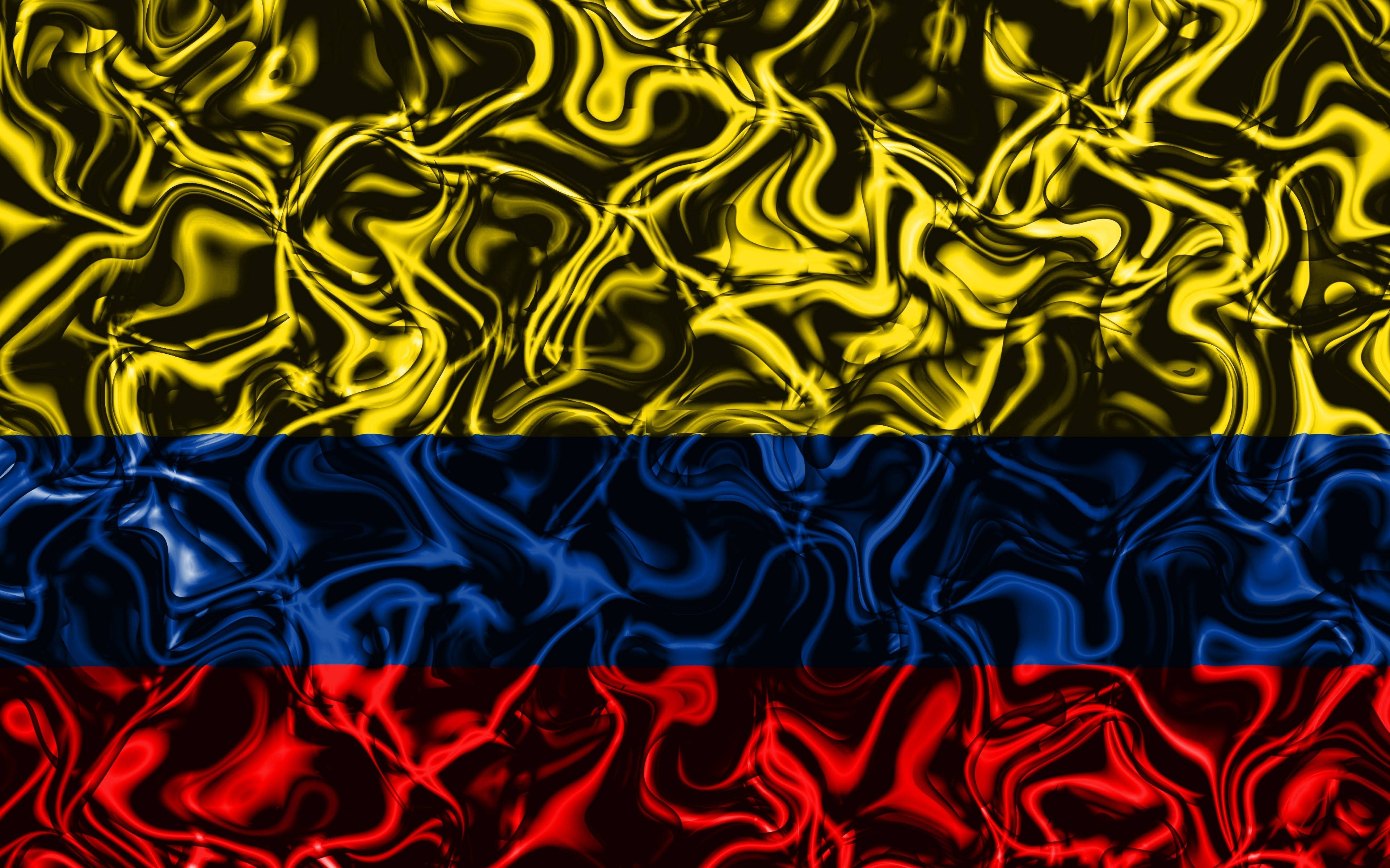 Colombia Flag 桌布 壁紙 — 以數位方式渲染的哥倫比亞國旗，帶有黃色、藍色和紅色橫條紋的波浪緞面質感。