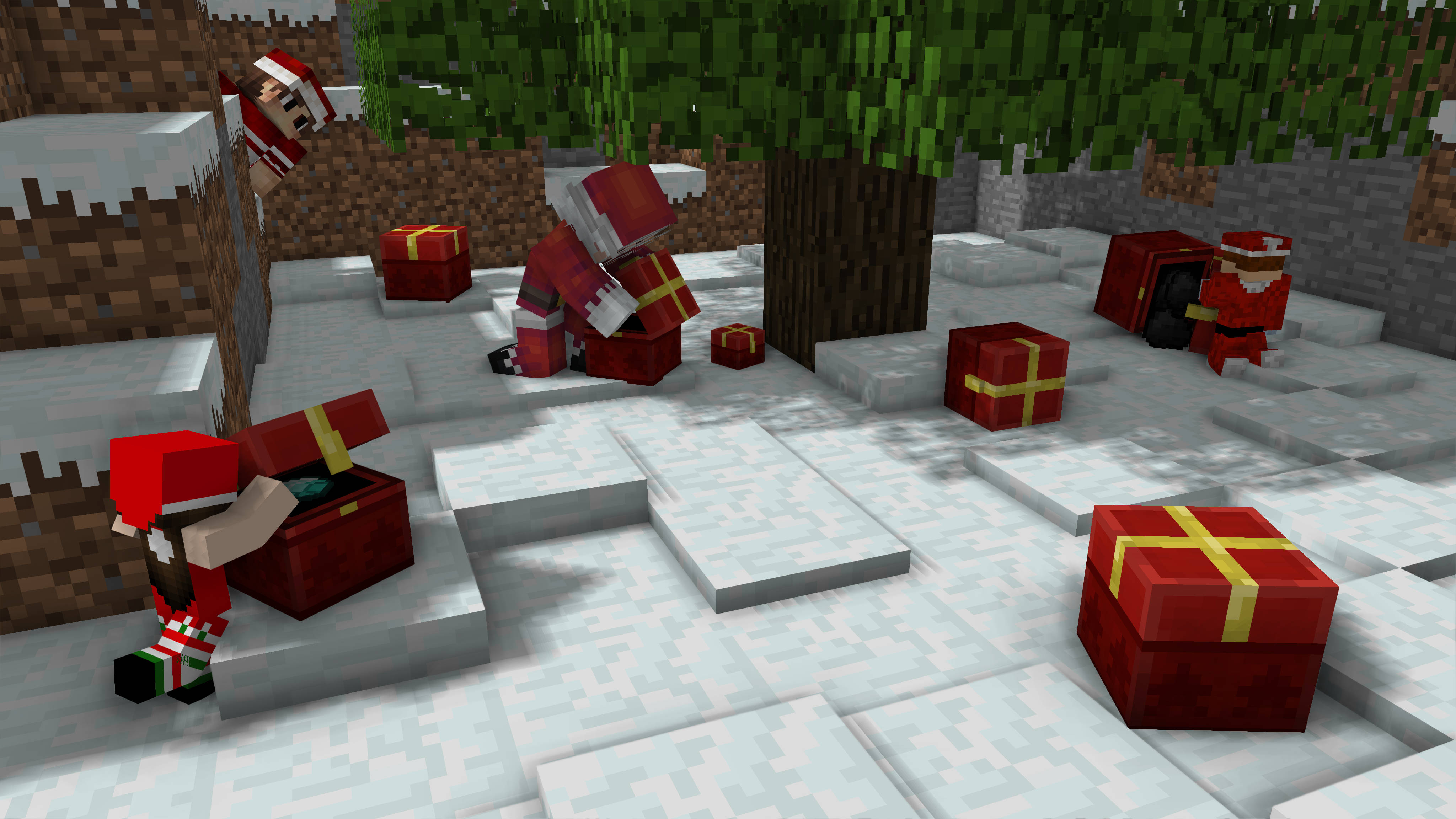 Santa Claus 桌布 壁紙 — 以方塊Minecraft風格呈現的聖誕老人角色，在雪地森林場景中打開紅色禮物盒。