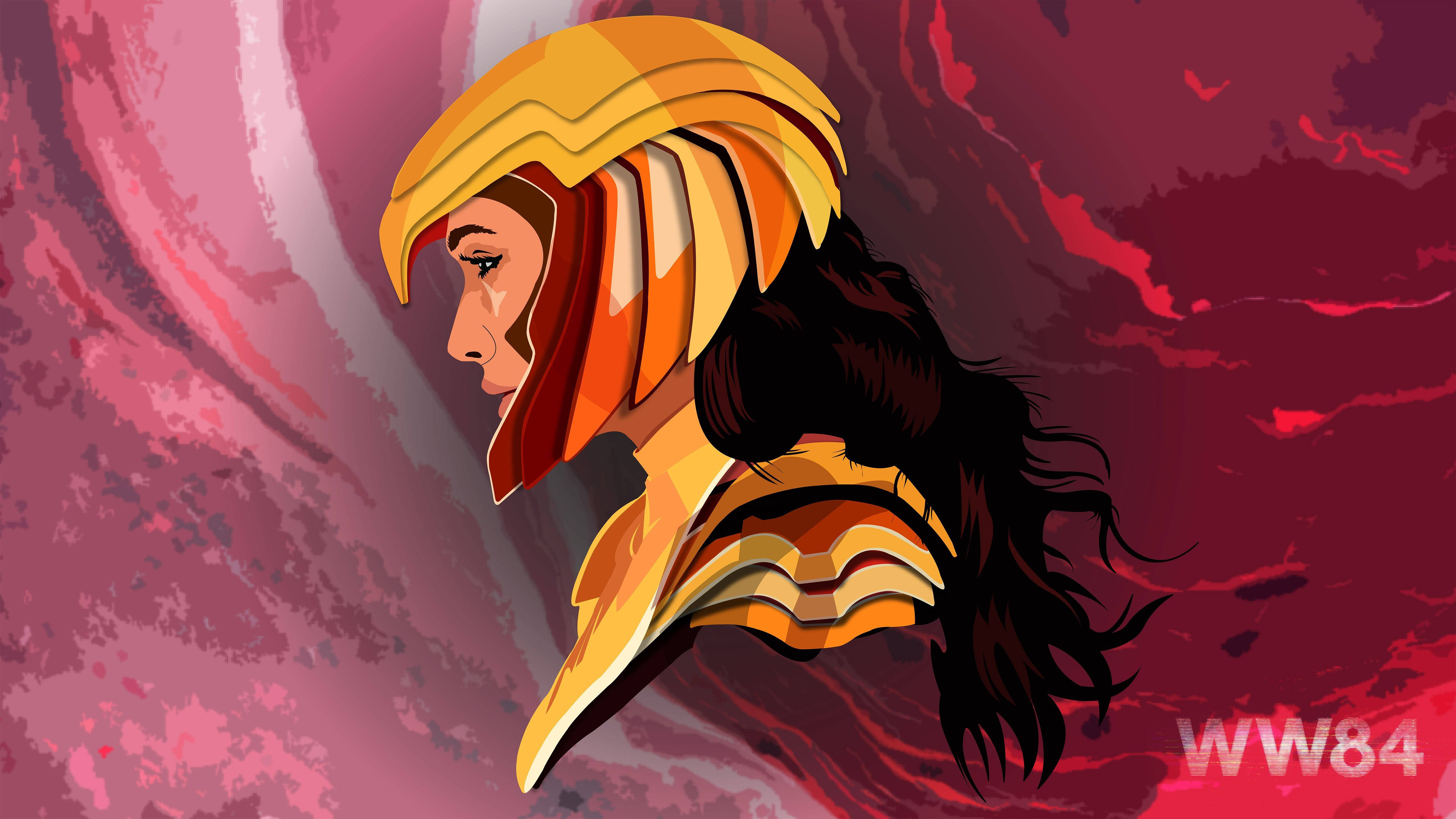 Wonder Woman 1984 桌布 壁紙 — 以旋轉的粉紅色和紅色背景為襯托，描繪了神力女超人戴著金色頭盔和盔甲的側面風格化插圖。