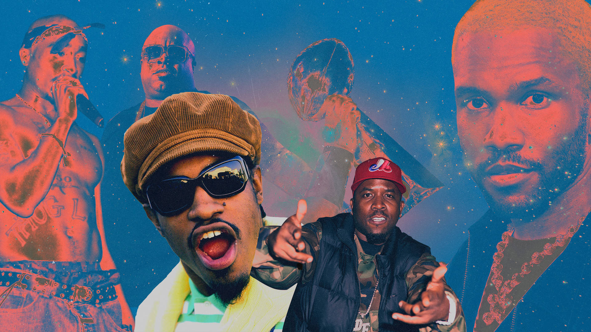 Rappers 桌布 壁紙 — 以星空宇宙為背景，搭配大膽紅藍色調的嘻哈藝術家拼貼畫。