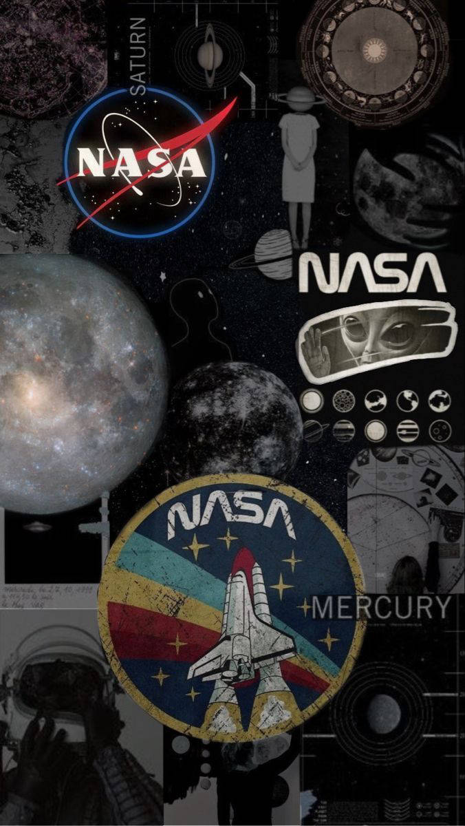 美學 iPhone 壁紙 桌布 壁紙 — 以星空宇宙背景為襯，拼貼NASA標誌、太空船、行星及太空人圖像。