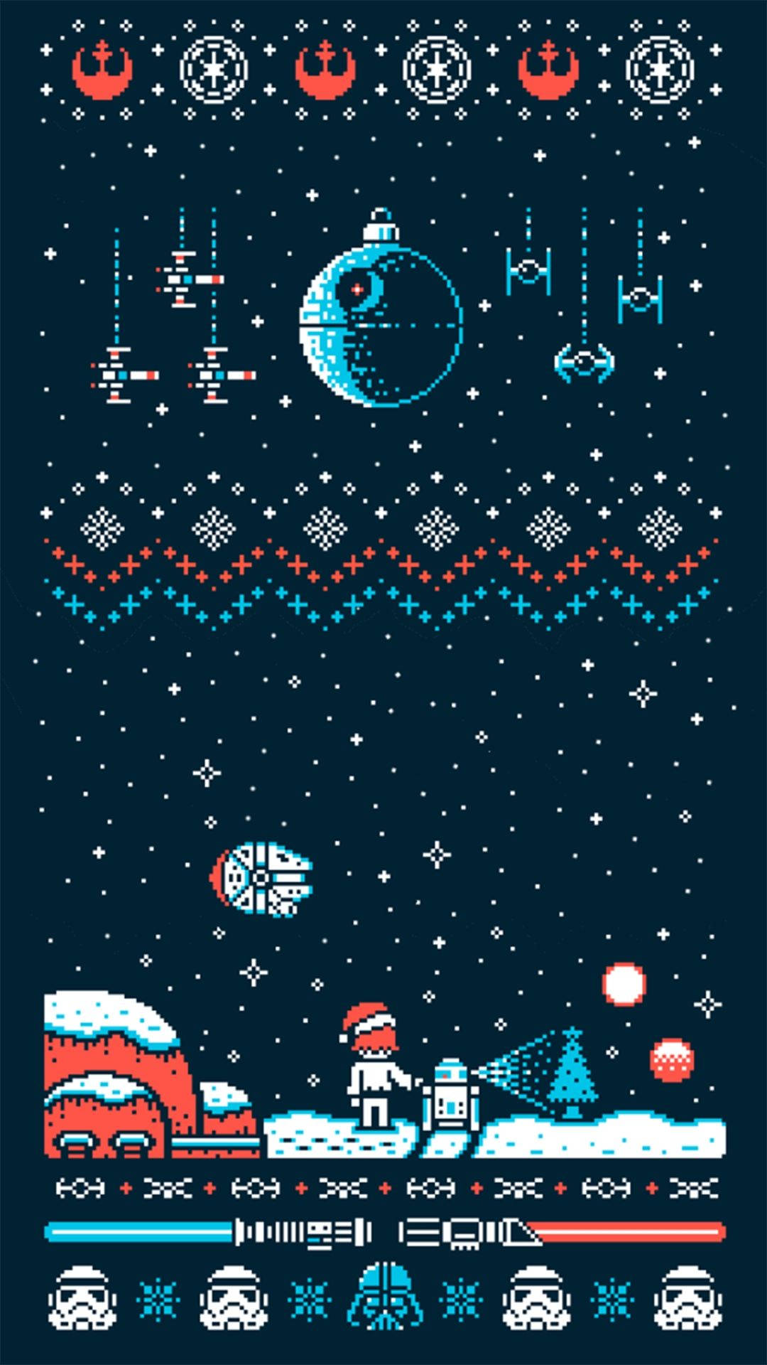 Stormtrooper 桌布 壁紙 — 以星空為背景，包含死星和X翼戰機等星際大戰圖標的像素藝術聖誕毛衣設計。