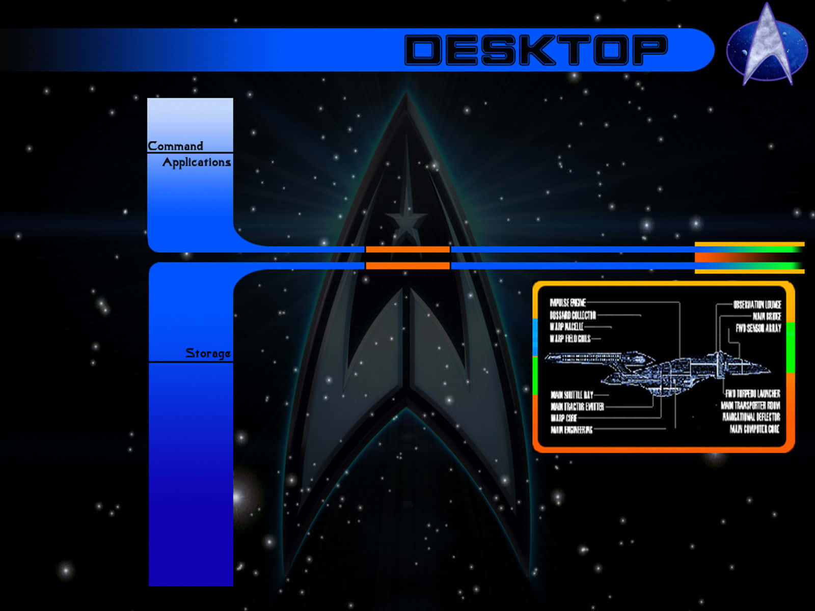 Starship 桌布 壁紙 — 以星際爭霸戰為主題的桌面介面，帶有星空背景和星艦示意圖疊加。